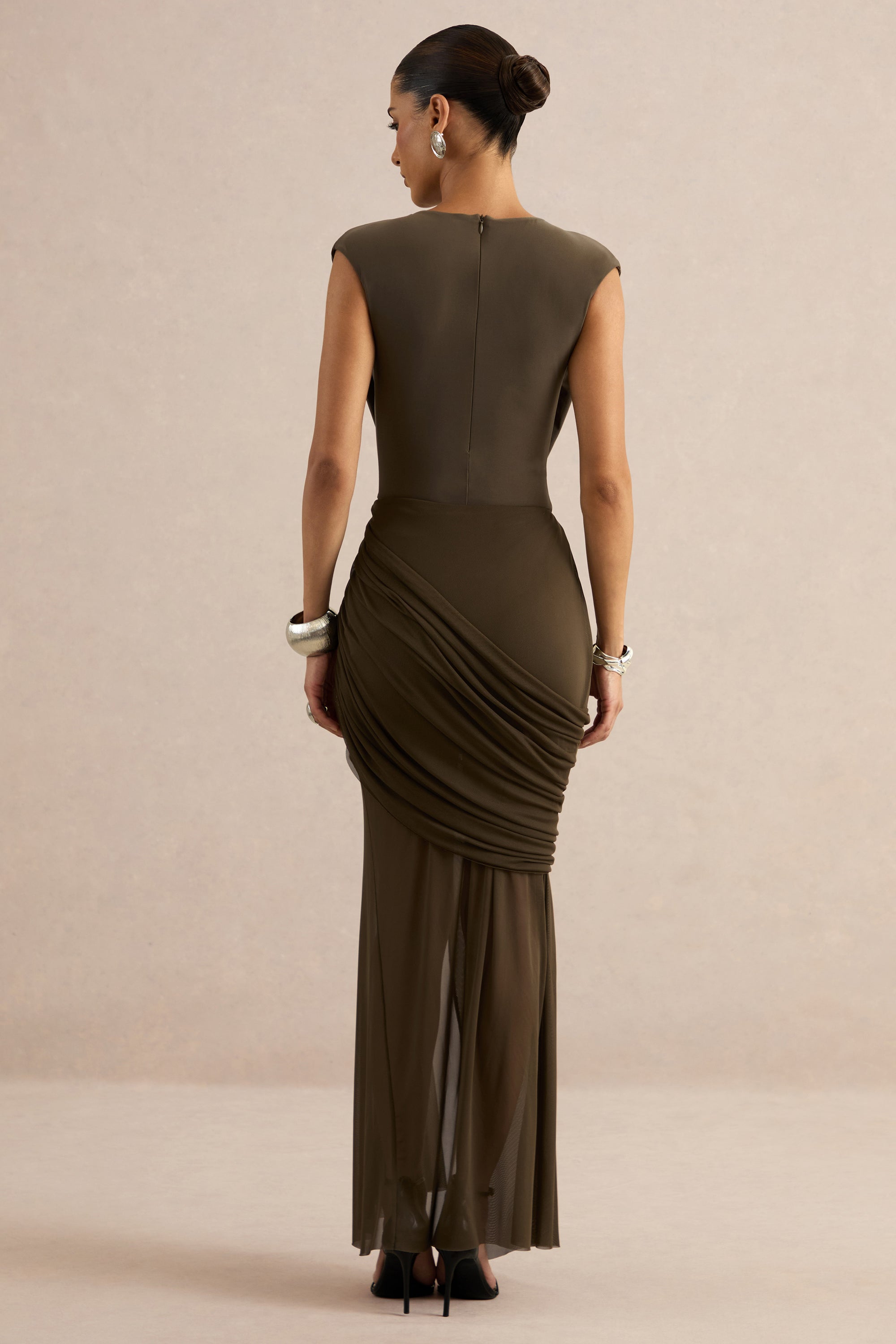 Kessia Khaki Wide-Neck Bodysuit With Mesh Detail CL137823035 75.jpg