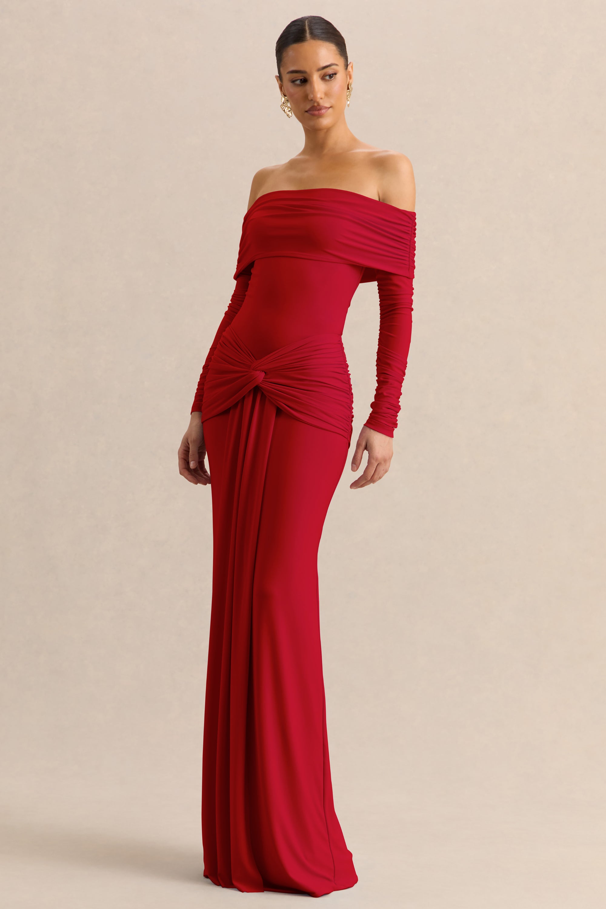 ECM_HR_CL137824100---Helia-_-Red-Bardot-Neck-Bodysuit-With-Ruched-Long-Sleeves-&-CL137840100---Flynne-_-Red-Wrapped-Maxi-Skirt-With-Sash_.jpg