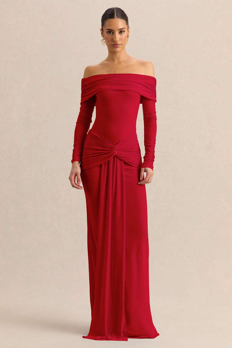 ECM_HR_CL137824100---Helia-_-Red-Bardot-Neck-Bodysuit-With-Ruched-Long-Sleeves-&-CL137840100---Flynne-_-Red-Wrapped-Maxi-Skirt-With-Sash_-0.jpg
