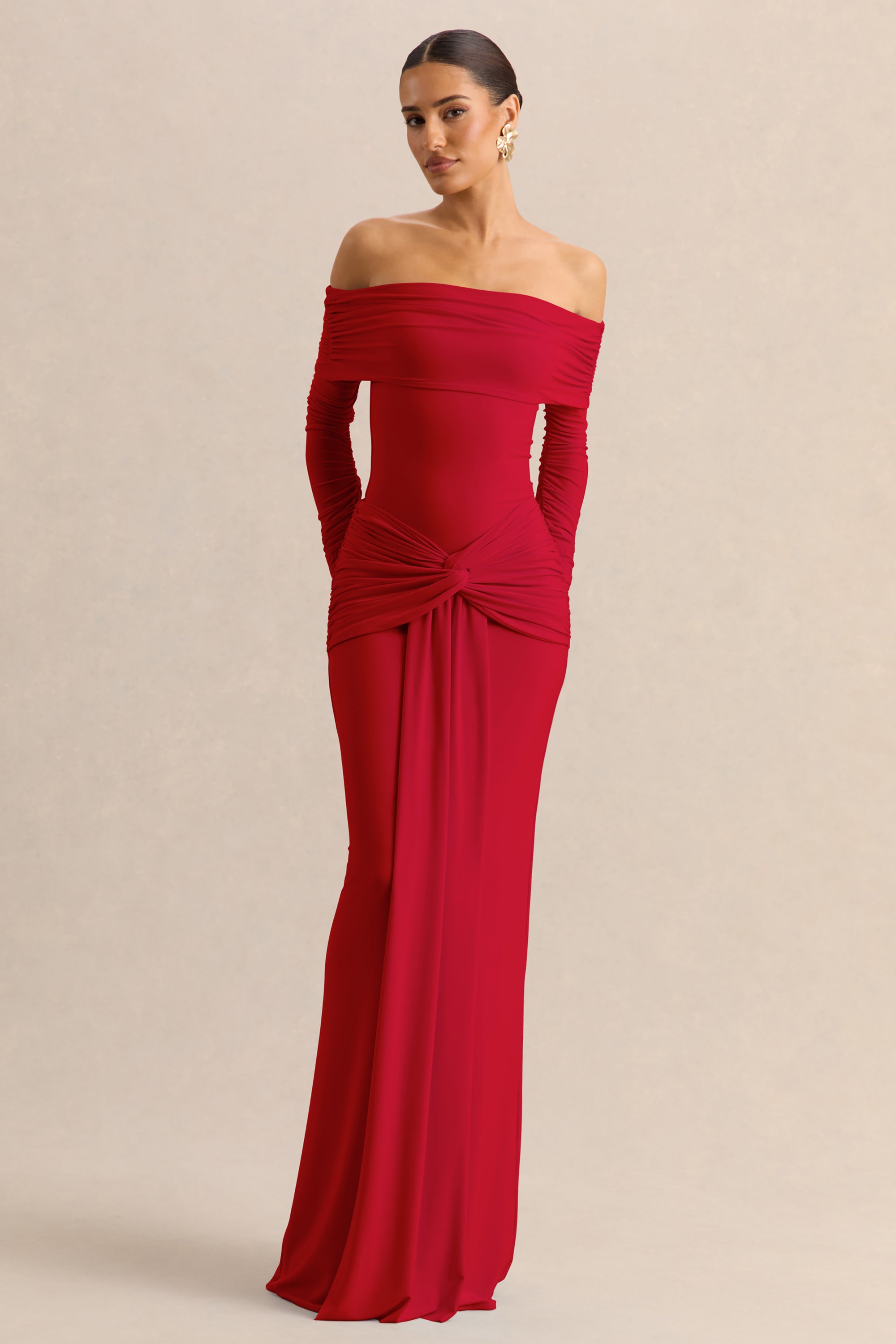 ECM_HR_CL137824100---Helia-_-Red-Bardot-Neck-Bodysuit-With-Ruched-Long-Sleeves-&-CL137840100---Flynne-_-Red-Wrapped-Maxi-Skirt-With-Sash_-1.jpg