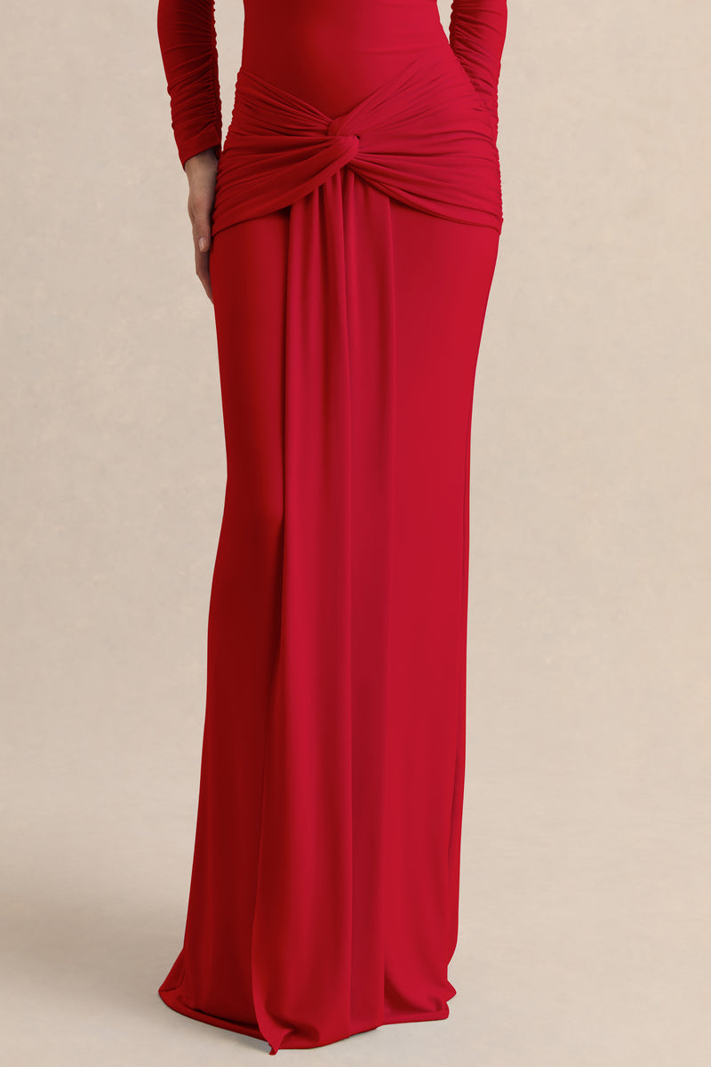 ECM_HR_CL137824100---Helia-_-Red-Bardot-Neck-Bodysuit-With-Ruched-Long-Sleeves-&-CL137840100---Flynne-_-Red-Wrapped-Maxi-Skirt-With-Sash_-7.jpg