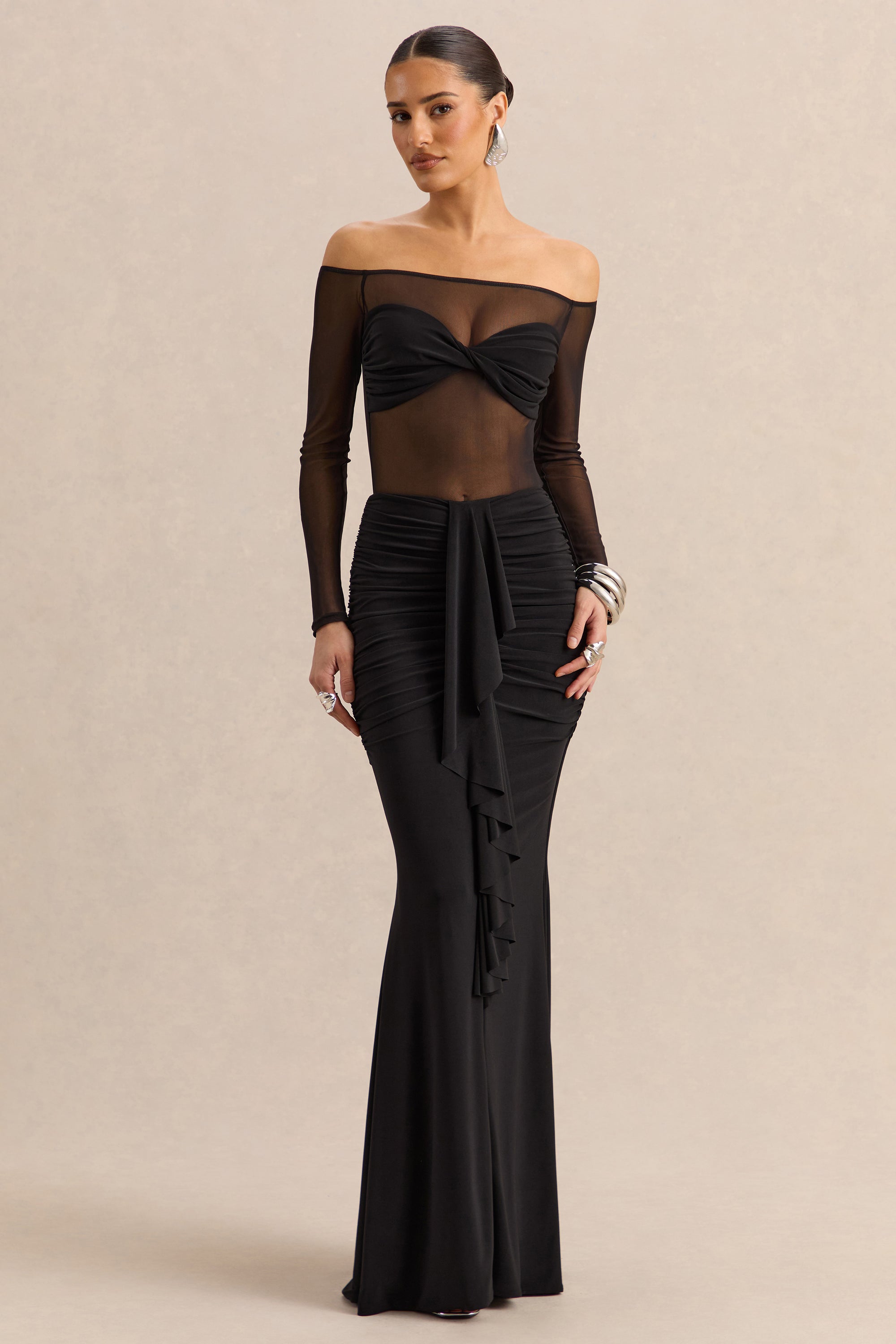ECM_HR_CL137843001 - Iskra | Black Extreme Ruffled Maxi Skirt + CL137826001 - Maira | Black Mesh Bardot-Neck Bodysuit 1.jpg