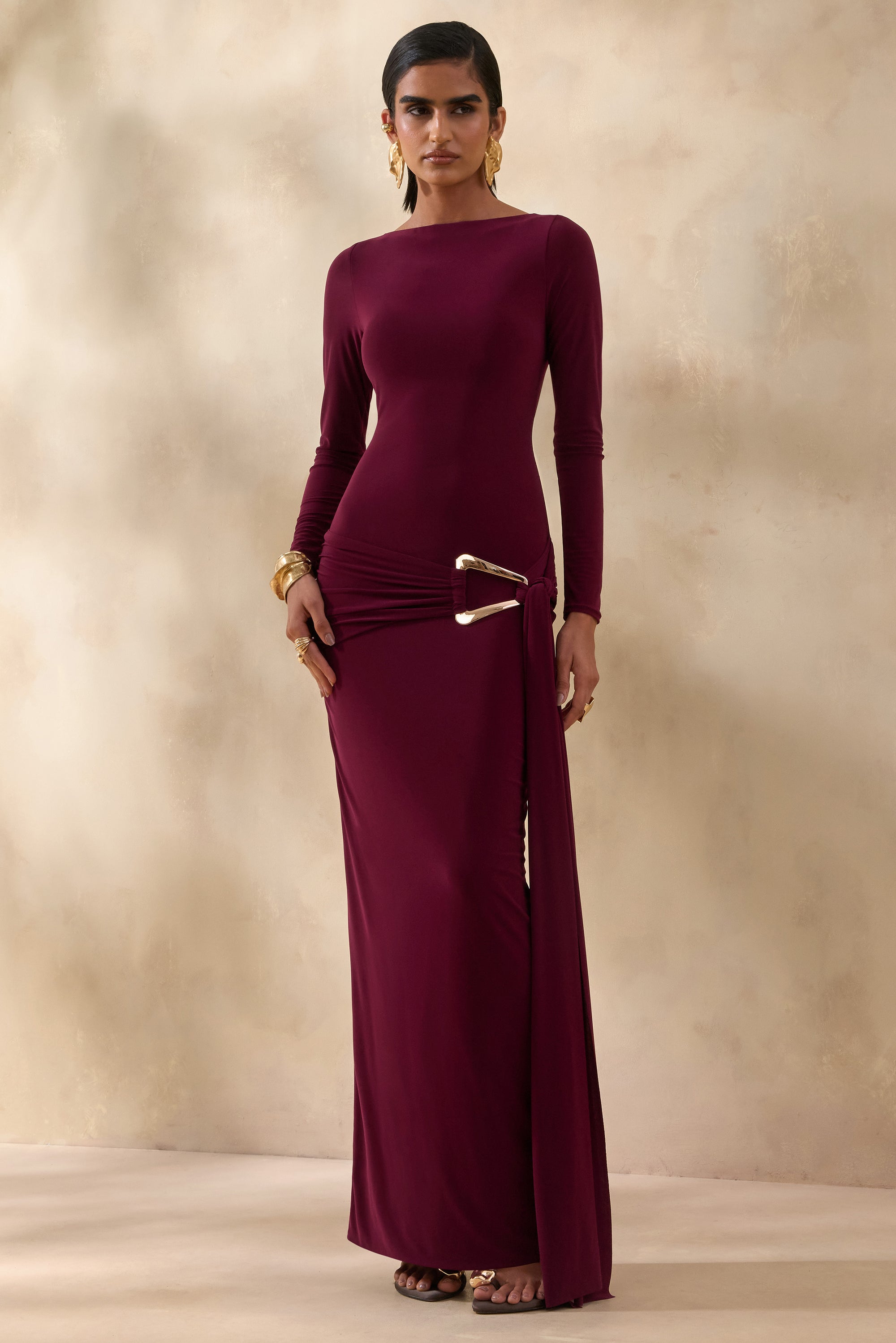 ECM_HR_CL137884102 -  Astrielle | Burgundy Round-Neck With Gold-Detail And Sash 0.jpg