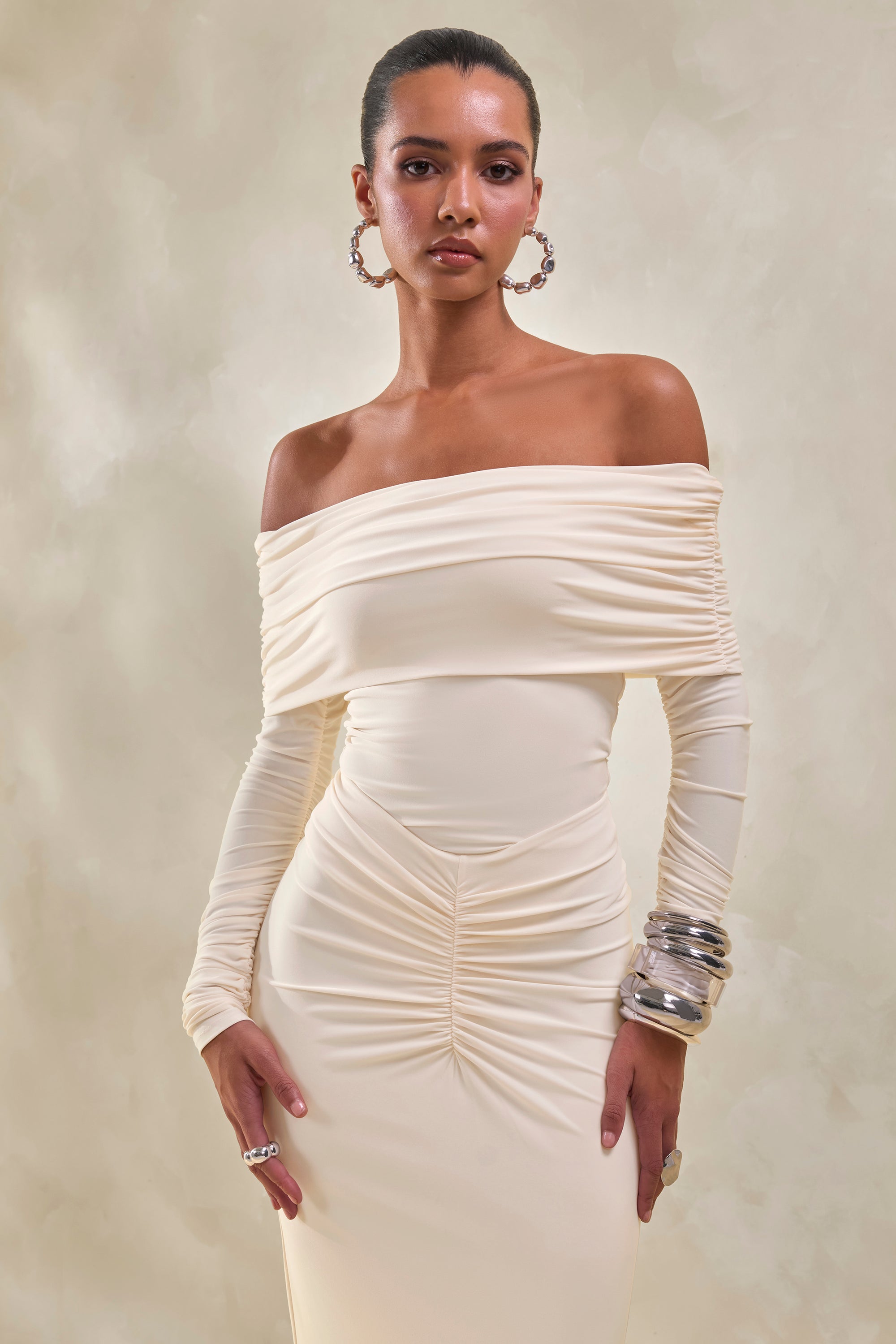 CL137952111 - Micaela _ Cream Ruched Maxi Skirt + CL137948111 - Drina _ Cream Bardot Neck Bodysuit With Ruched Long Sleeves3.jpg