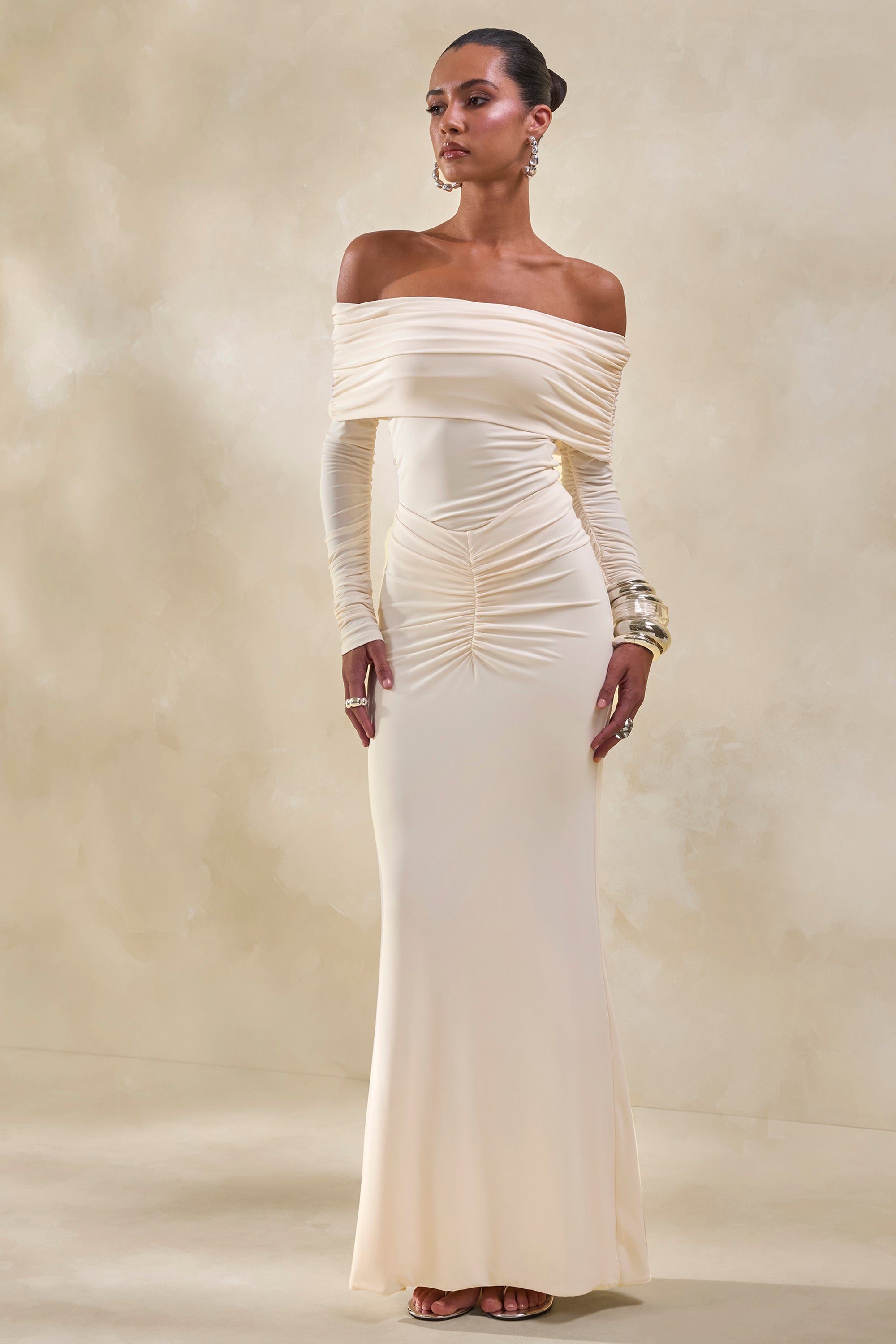 CL137952111 - Micaela _ Cream Ruched Maxi Skirt + CL137948111 - Drina _ Cream Bardot Neck Bodysuit With Ruched Long Sleeves0.jpg