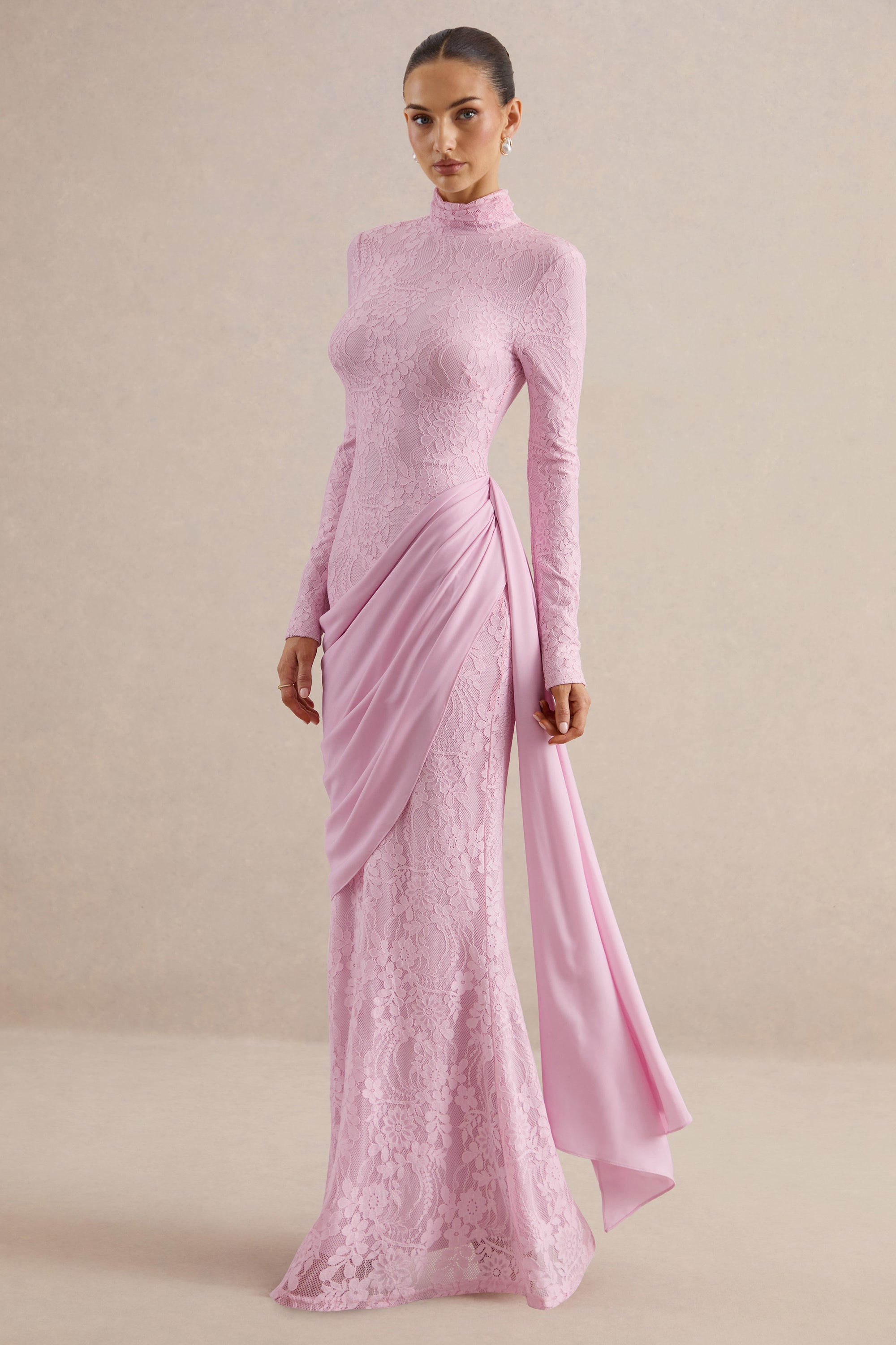 ECM_HR_CL137992084 - Enestra | Pink High-Neck Lace Maxi-Dress With Draped-Skirt 2.jpg