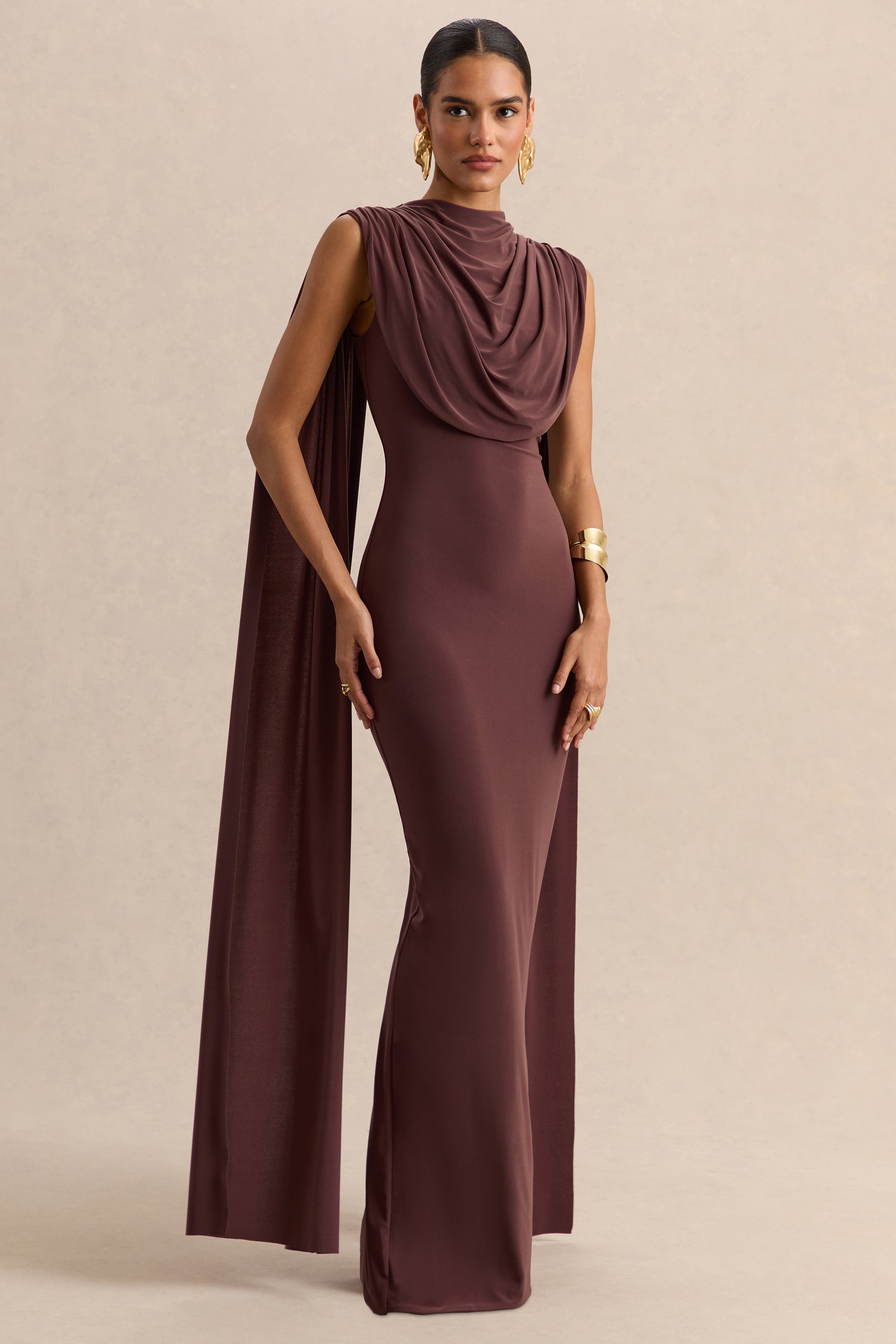 ECM_HR_CL138023021 - Patrina - Brown High-Neck Maxi Dress With Draped-Detailing And Cape-Sleeves 02_HERO.jpg
