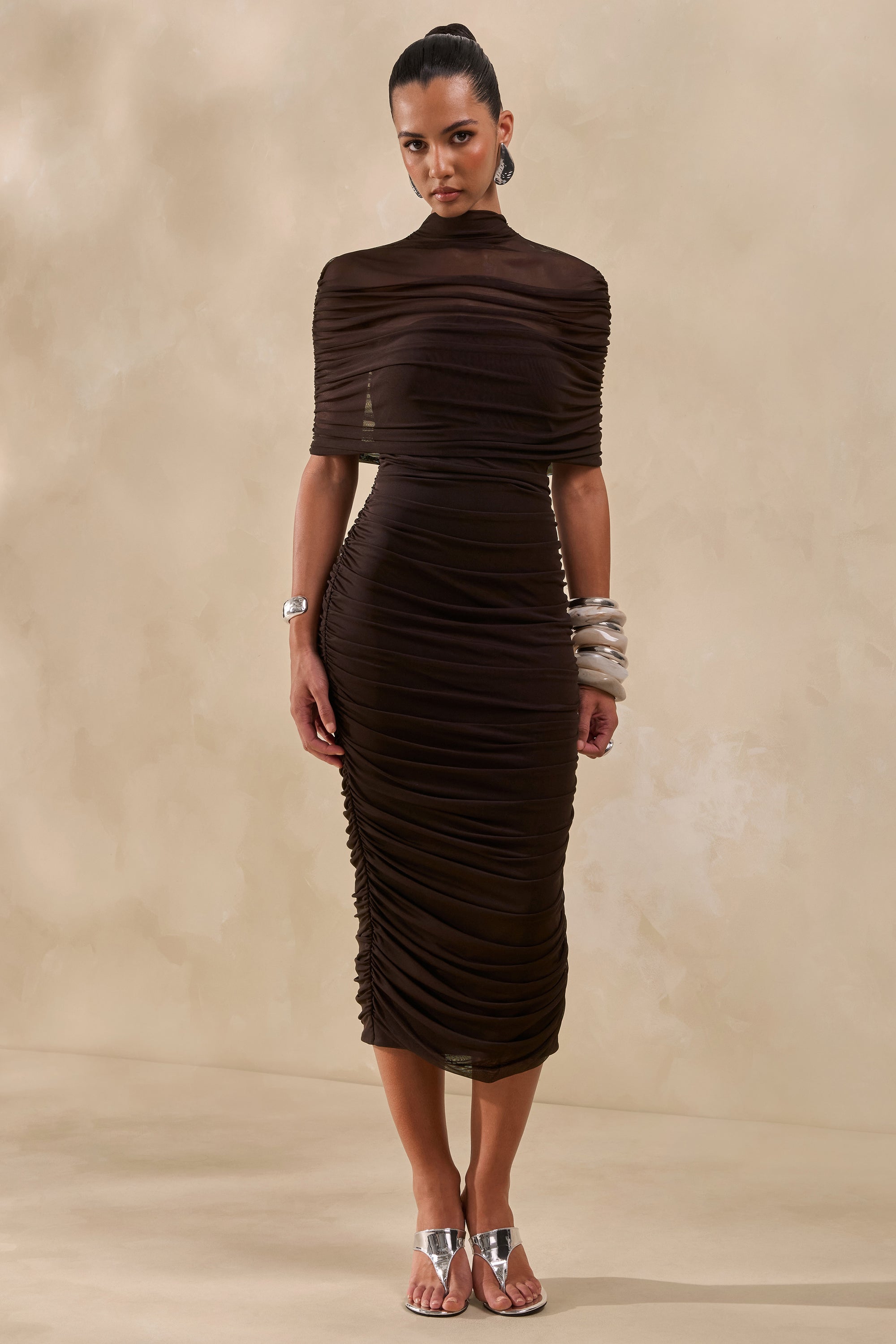 ECM_HR_CL138053022 - Astrae _ Brown High-Neck Midi Dress With Short Mesh-Cape0.jpg