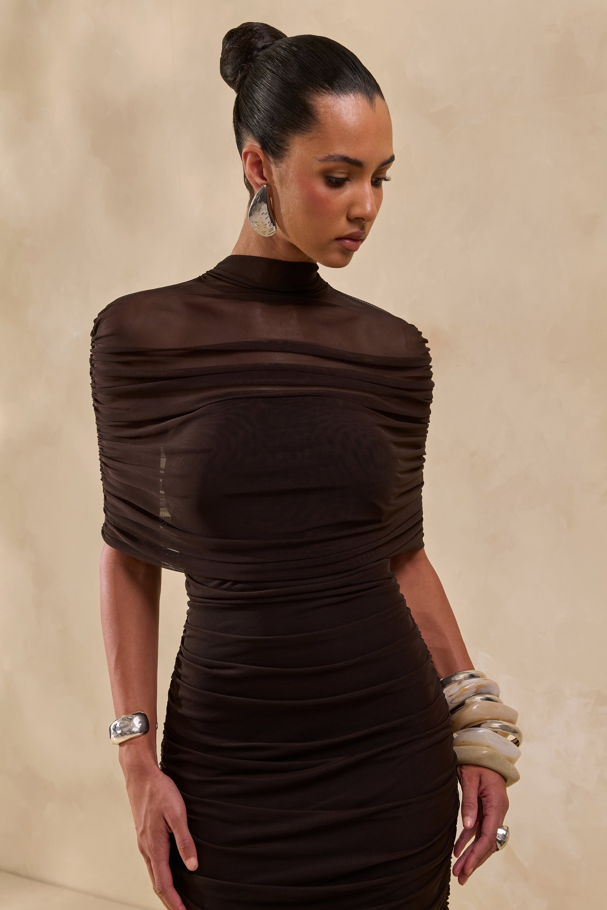 ECM_HR_CL138053022 - Astrae _ Brown High-Neck Midi Dress With Short Mesh-Cape3.jpg
