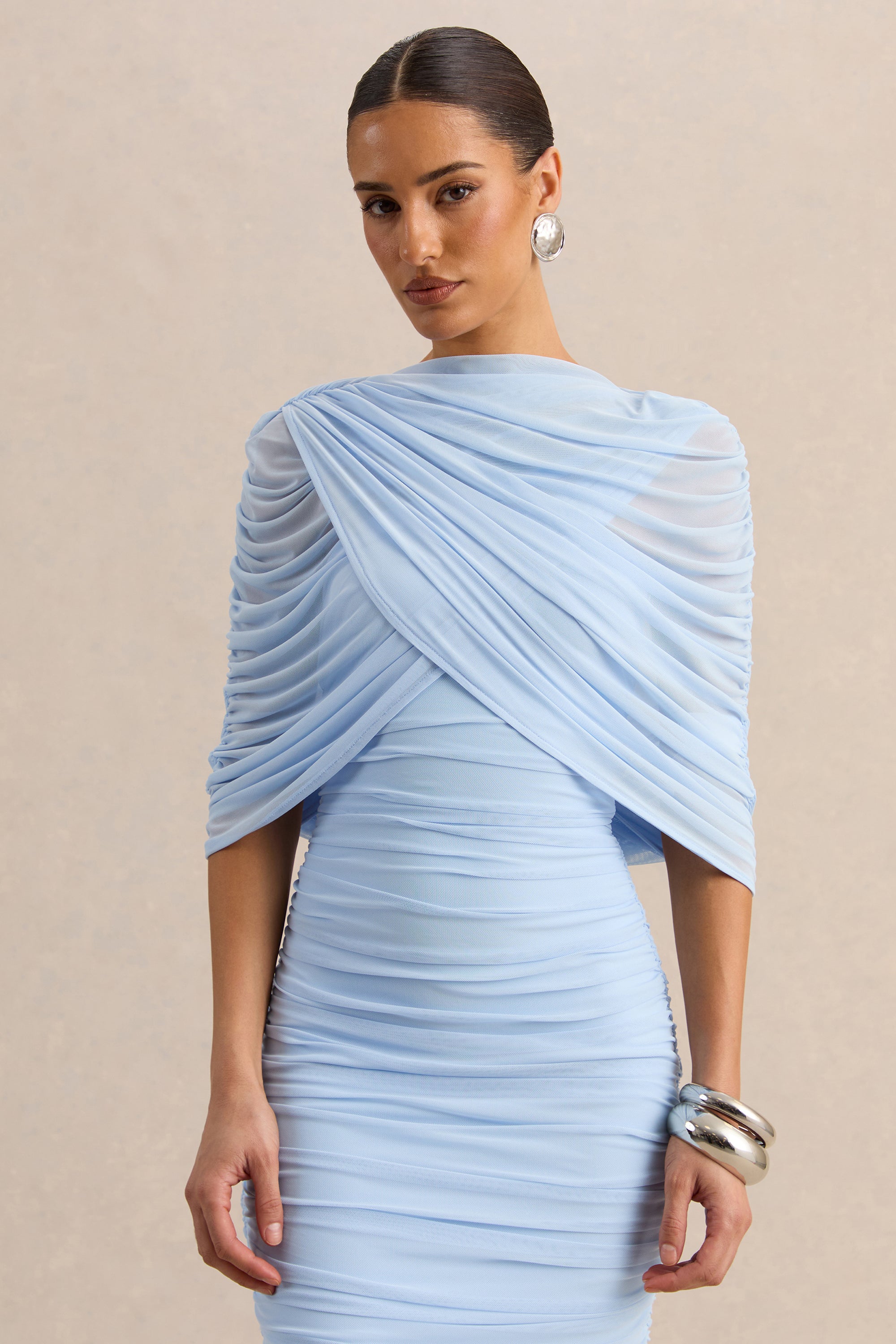 ECM_HR_CL138075013 - Merisse | Powder Blue Bandeau Mini-Dress With Ruched-Detailing + ECM_HR_CL138069013 - Magoria | Powder Blue Mesh Round-Neck Cape 1.jpg