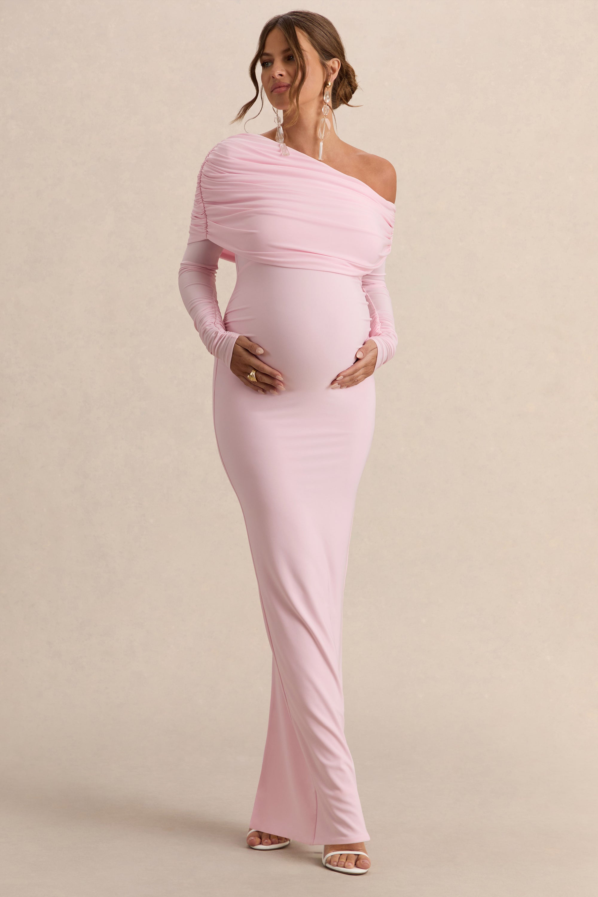ECM_HR_CL138111081  - Carleigh Light Pink Asymmetric-Neck Maternity Maxi Dress With Cape Sleeve And Sash Detail 1.jpg