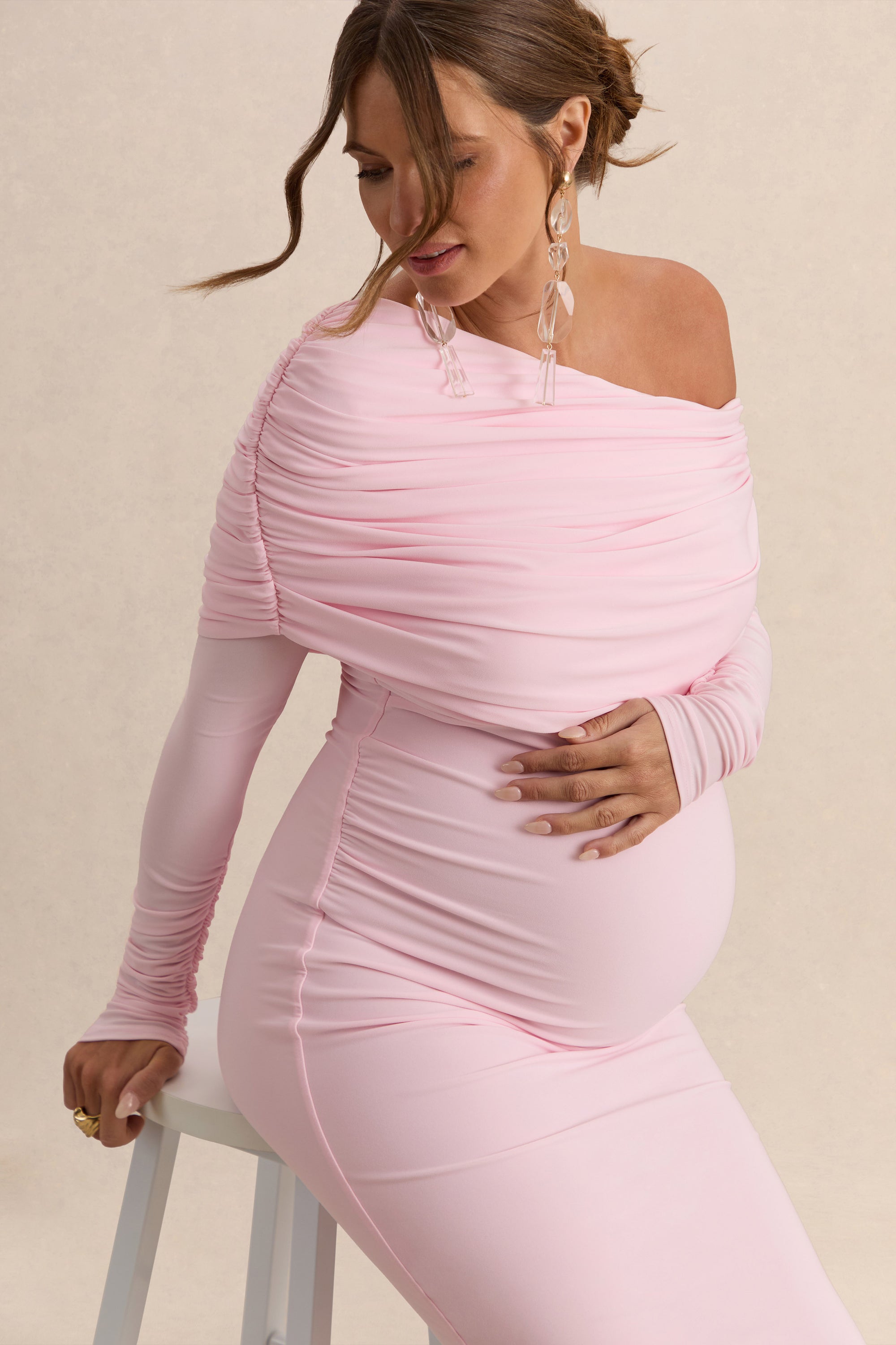 ECM_HR_CL138111081  - Carleigh Light Pink Asymmetric-Neck Maternity Maxi Dress With Cape Sleeve And Sash Detail 2.jpg