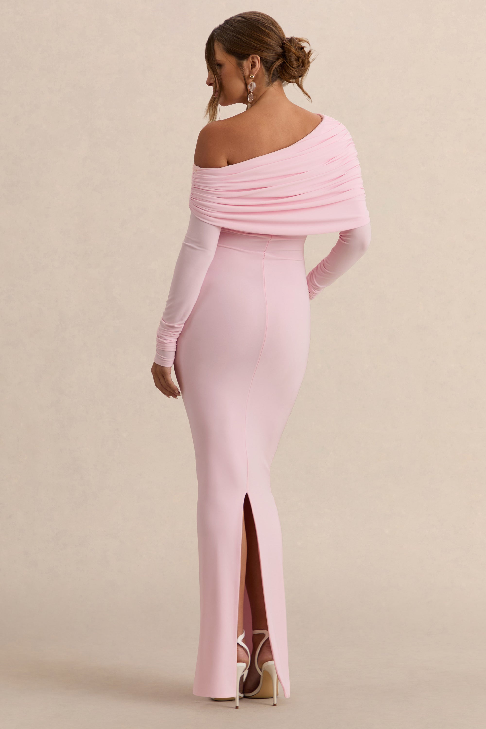 ECM_HR_CL138111081  - Carleigh Light Pink Asymmetric-Neck Maternity Maxi Dress With Cape Sleeve And Sash Detail 4.jpg