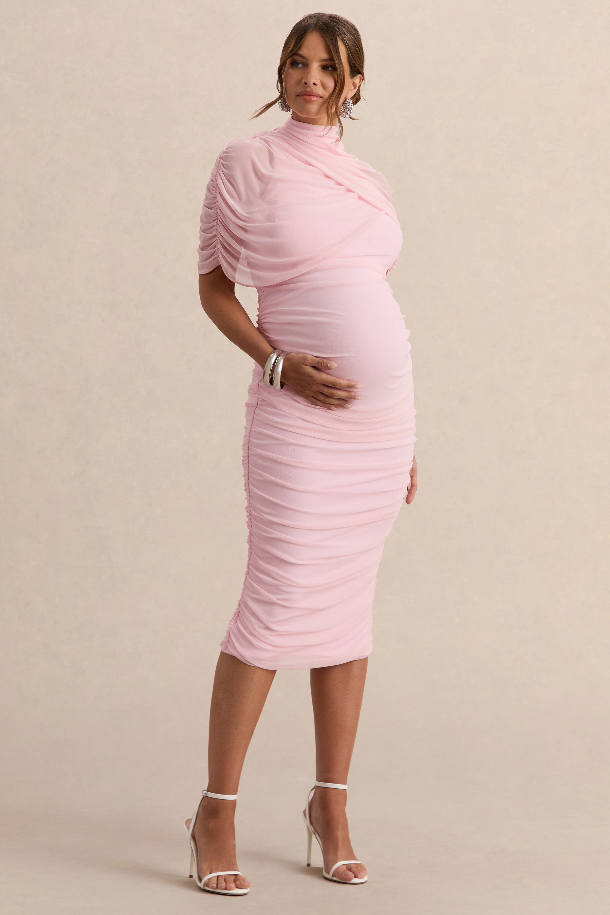 ECM_HR_CL138113081  - Aderyn  Light Pink High-Neck Maternity Midi Dress With Sheer Cape Sleeves 0.jpg