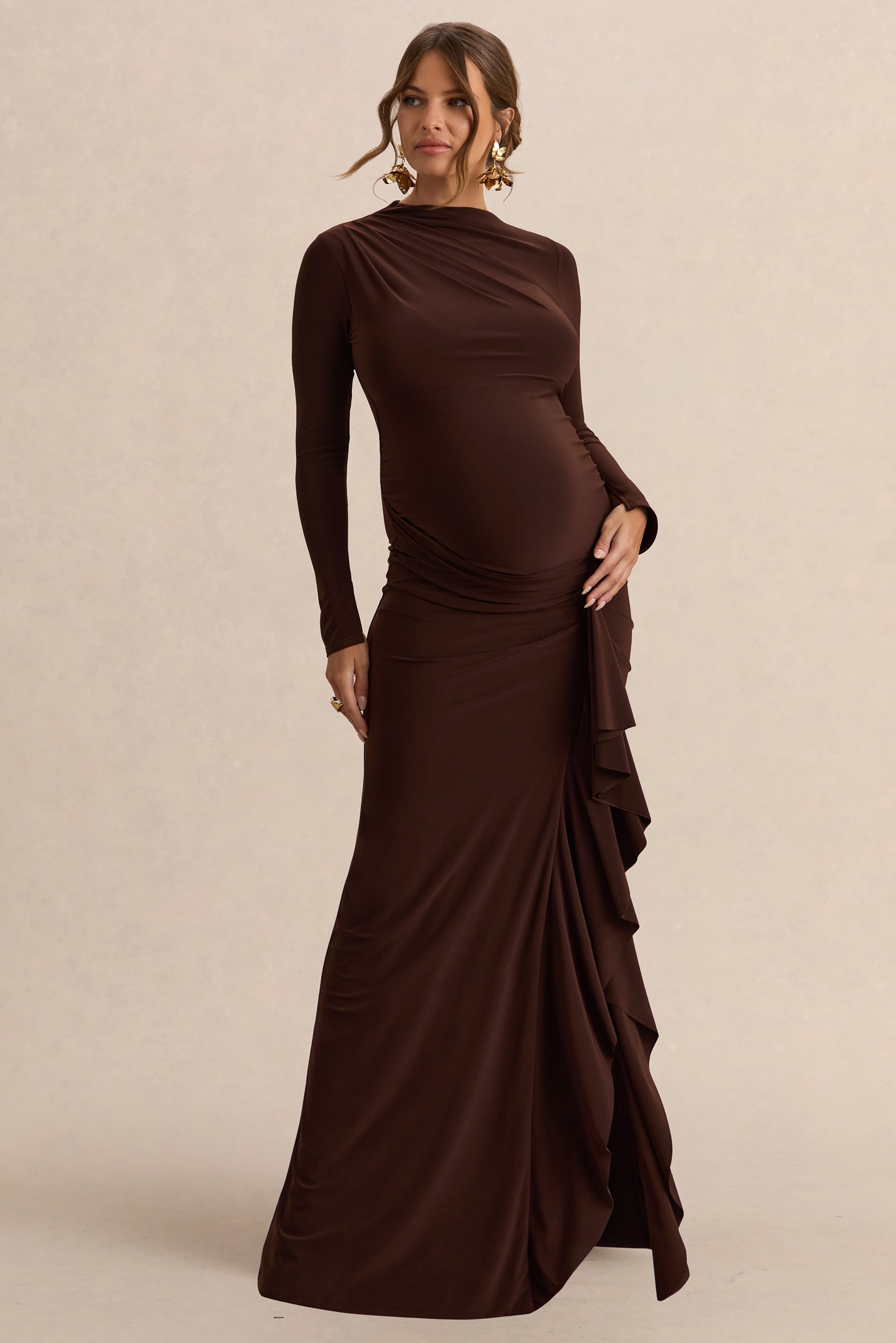 ECM_HR_CL138114022---Kamira--Dark-Brown-Round-Neck-Maternity-Maxi-Dress-With-Gathered-Detailing-1.jpg