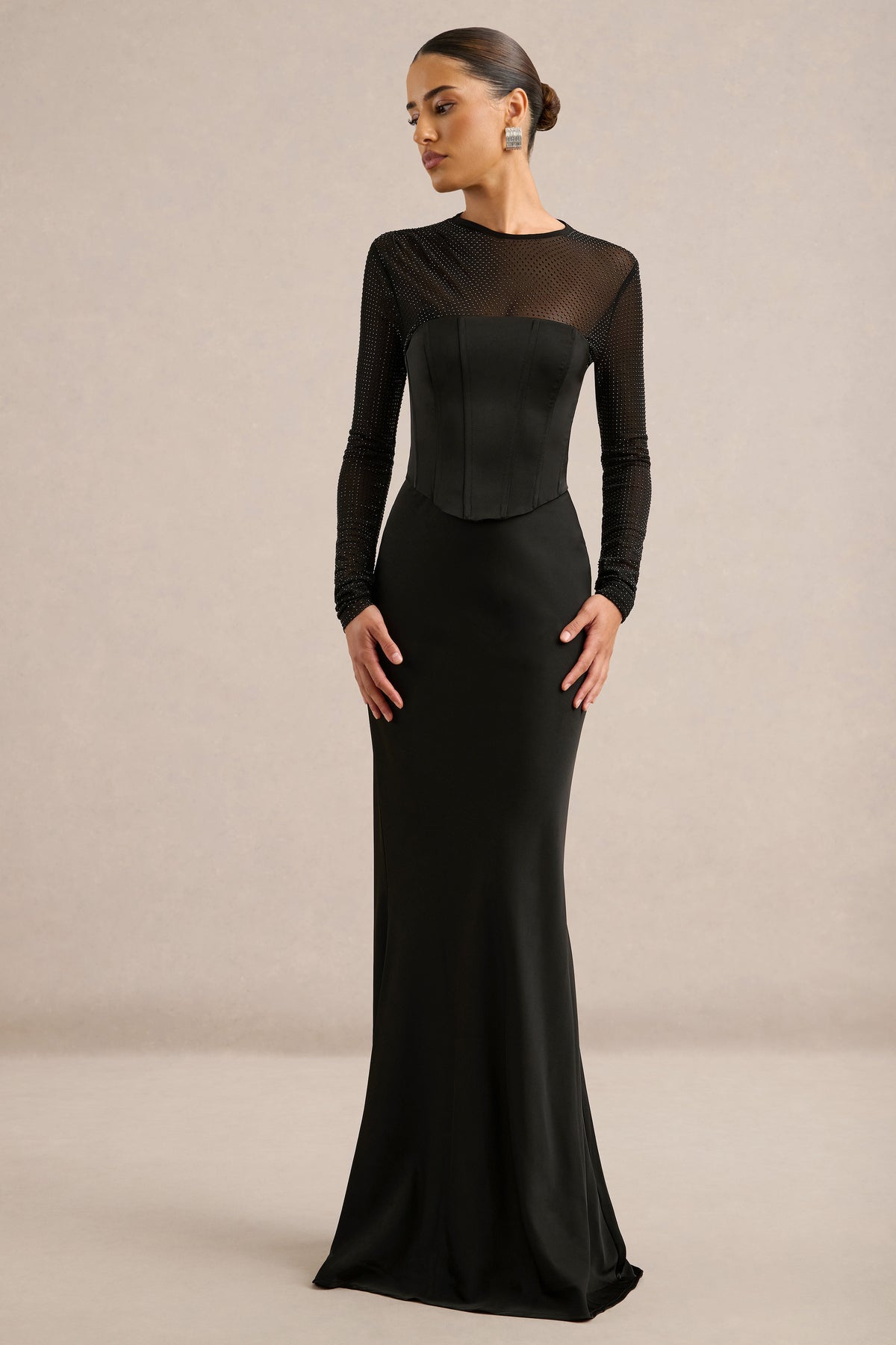 ECM_HR_CL138175001 - Ellerie _ Black Satin Round-Neck Maxi Dress With Mesh Long Sleeves1.jpg