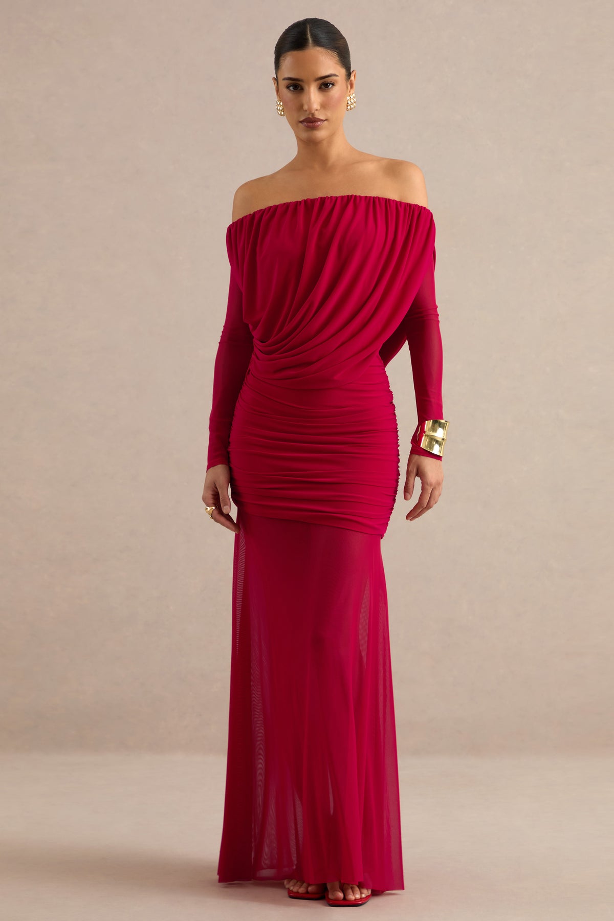 ECM_HR_CL138432100 - Amaline _ Red Mesh Bardot-Neck Maxi Dress With Draped Detailing 0.jpg
