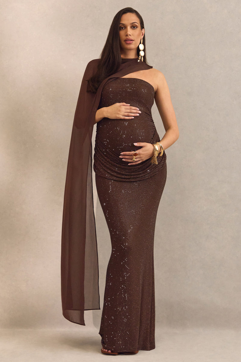 ECM_HR_CL138455022  - Ottoline Dark Brown Asymmetric-Neck Maternity Maxi Dress With Sheer Cape Detail0.jpg