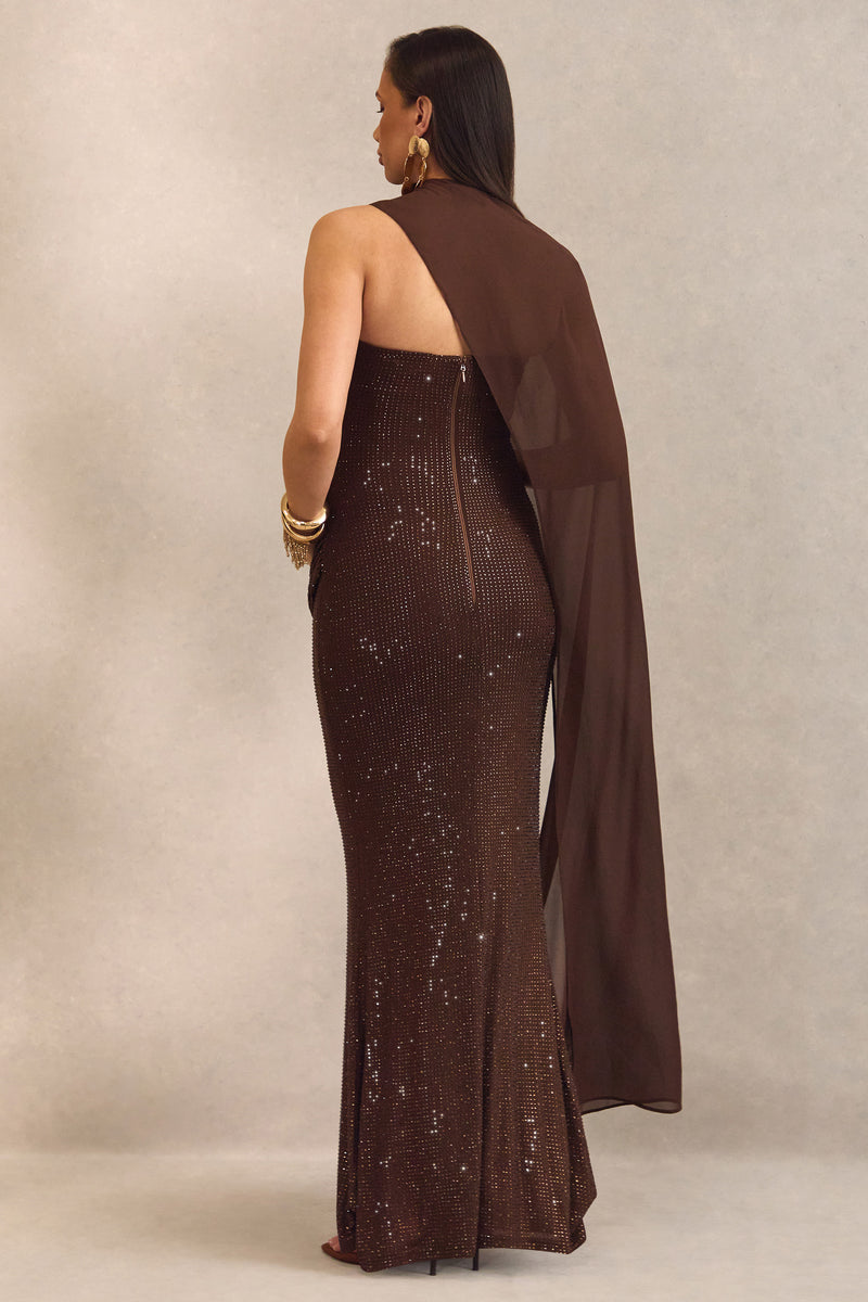ECM_HR_CL138455022  - Ottoline Dark Brown Asymmetric-Neck Maternity Maxi Dress With Sheer Cape Detail5.jpg