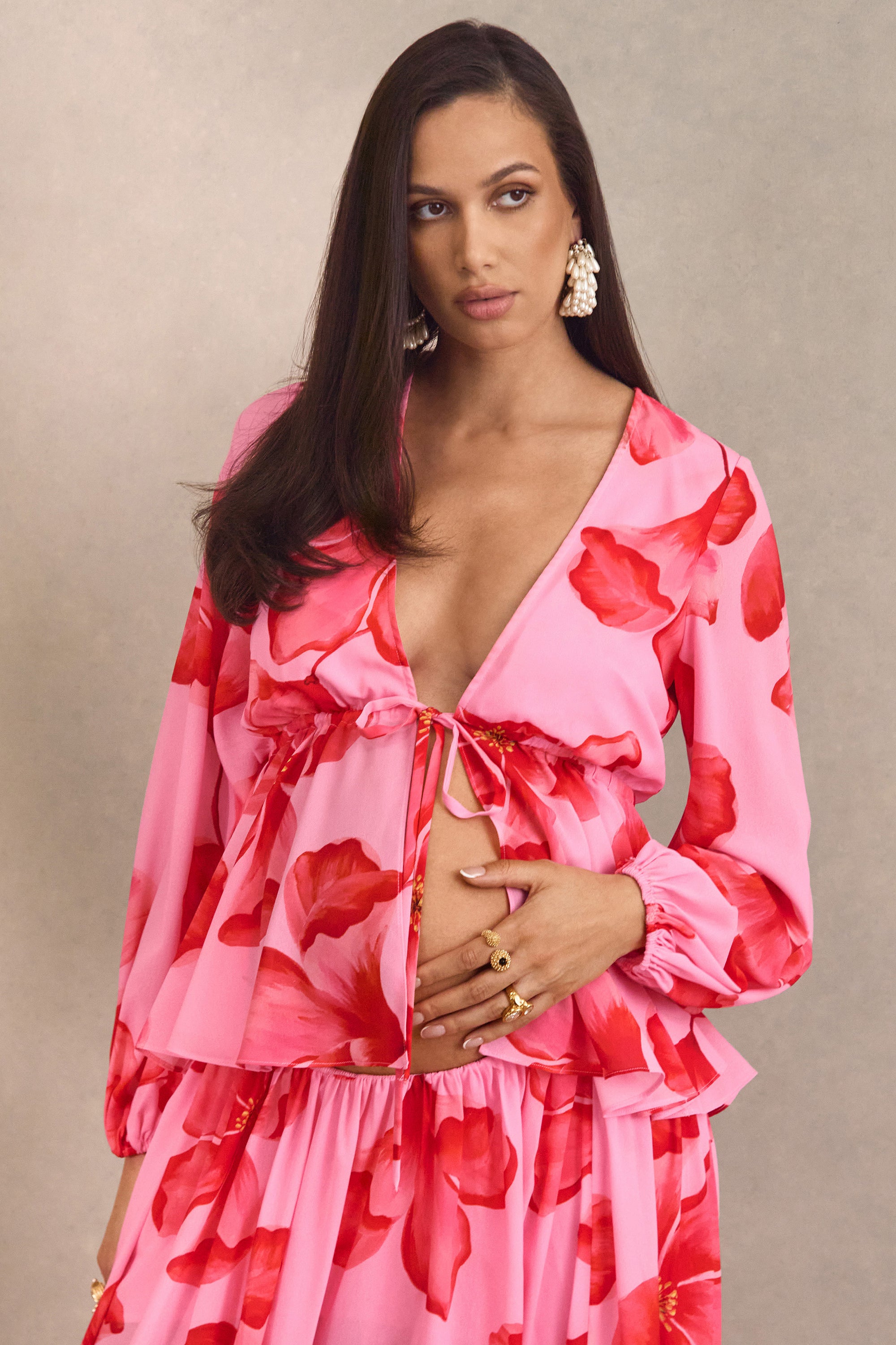 CL138488084 - Asella _ Pink Chiffon Plunge-Neck Front-Tied Maternity Top 2.jpg