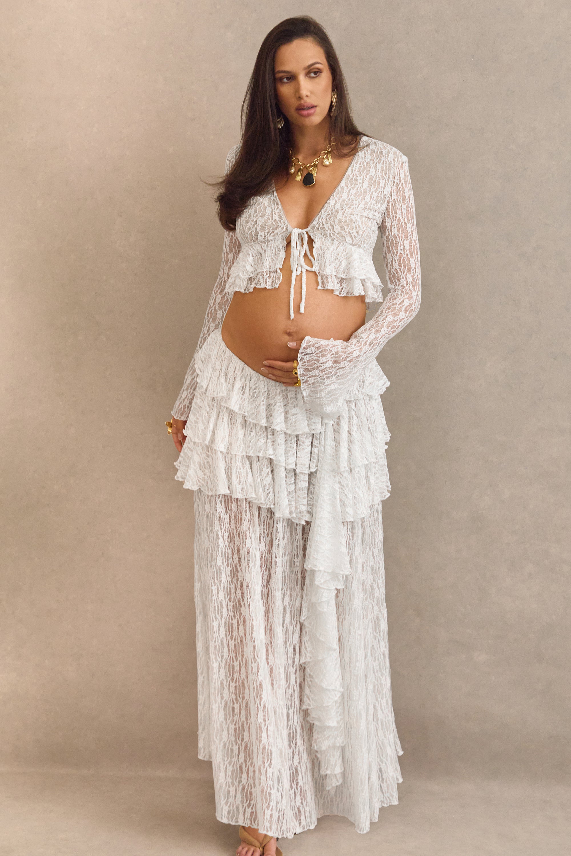 ECM_HR_CL138499110 - Astella _ White Lace Asymmetric-Waist Maternity Maxi Skirt With Ruffled Detailing + CL138498110 - Astella _ White Lace Plunge-Neck Maternity Top With Ruffled Trim5.jpg