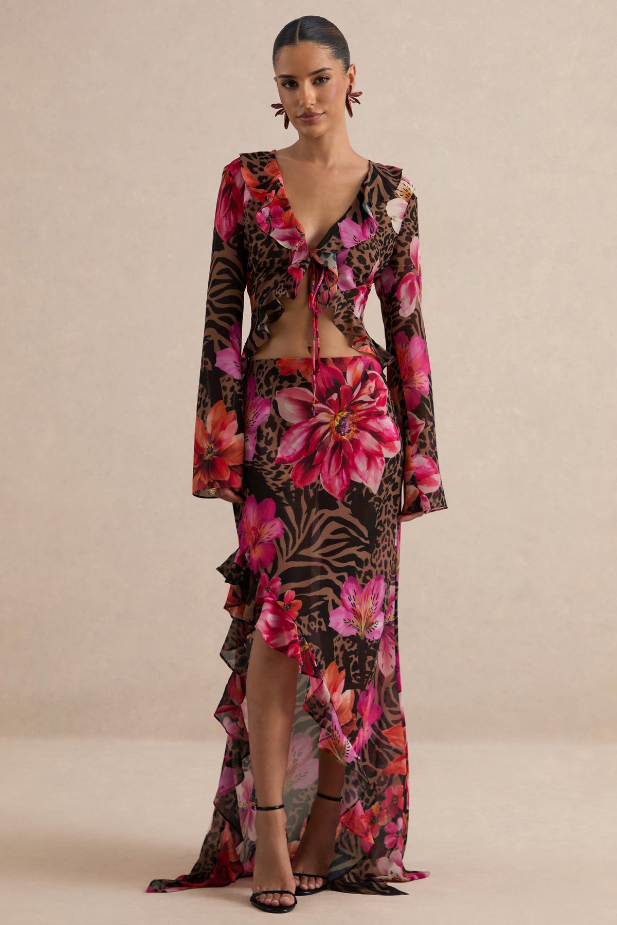CL138621021 - Selina | Brown Sheer Animal And Floral Print Chiffon Maxi Skirt With Ruffled Detailing And Split 0.jpg
