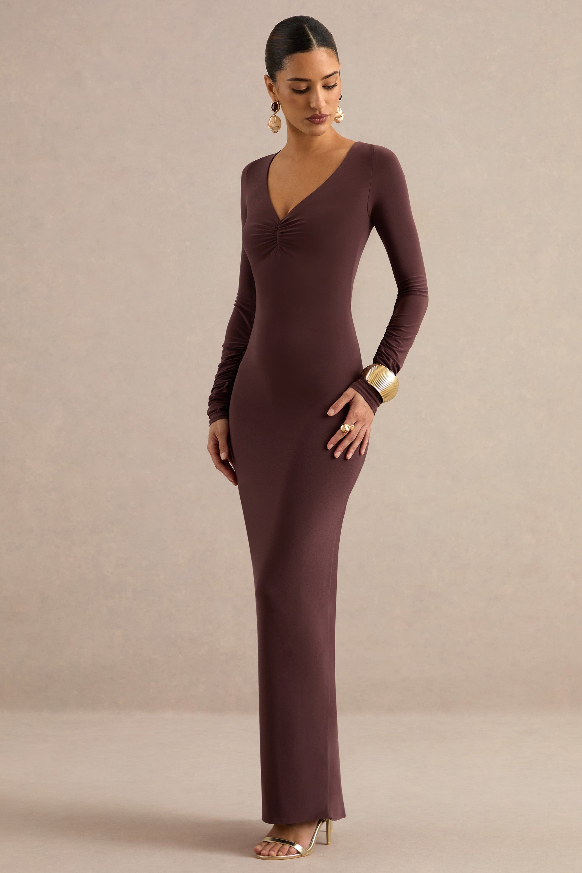 CL13876902206_ECM_HR_CL138769022_-_Lucina___Dark_Brown_V-Neck_Maxi_Dress_With_Ruched_Detailing_1