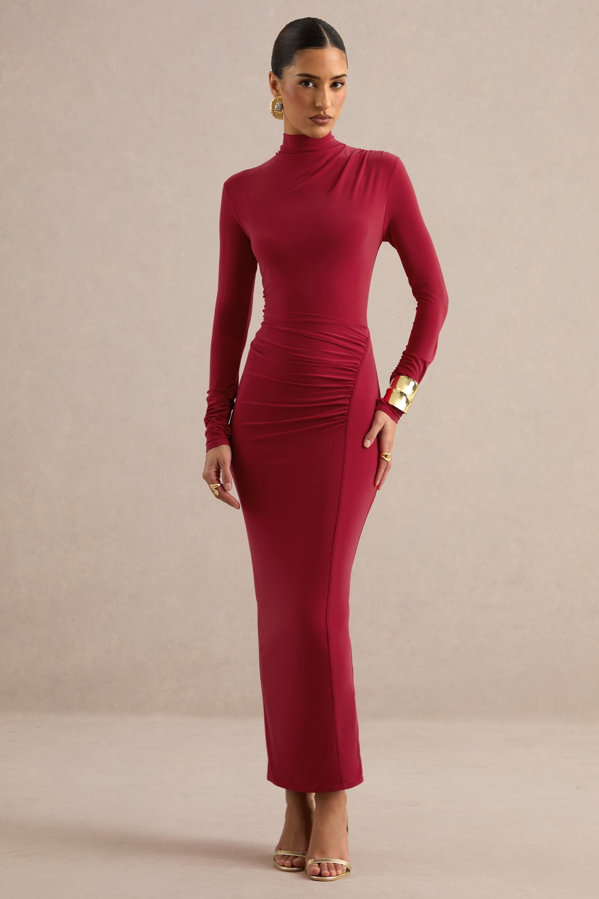 ECM_HR_CL138779100 - Erienne | Red High-Neck Maxi Dress With Draped Detailing1.jpg