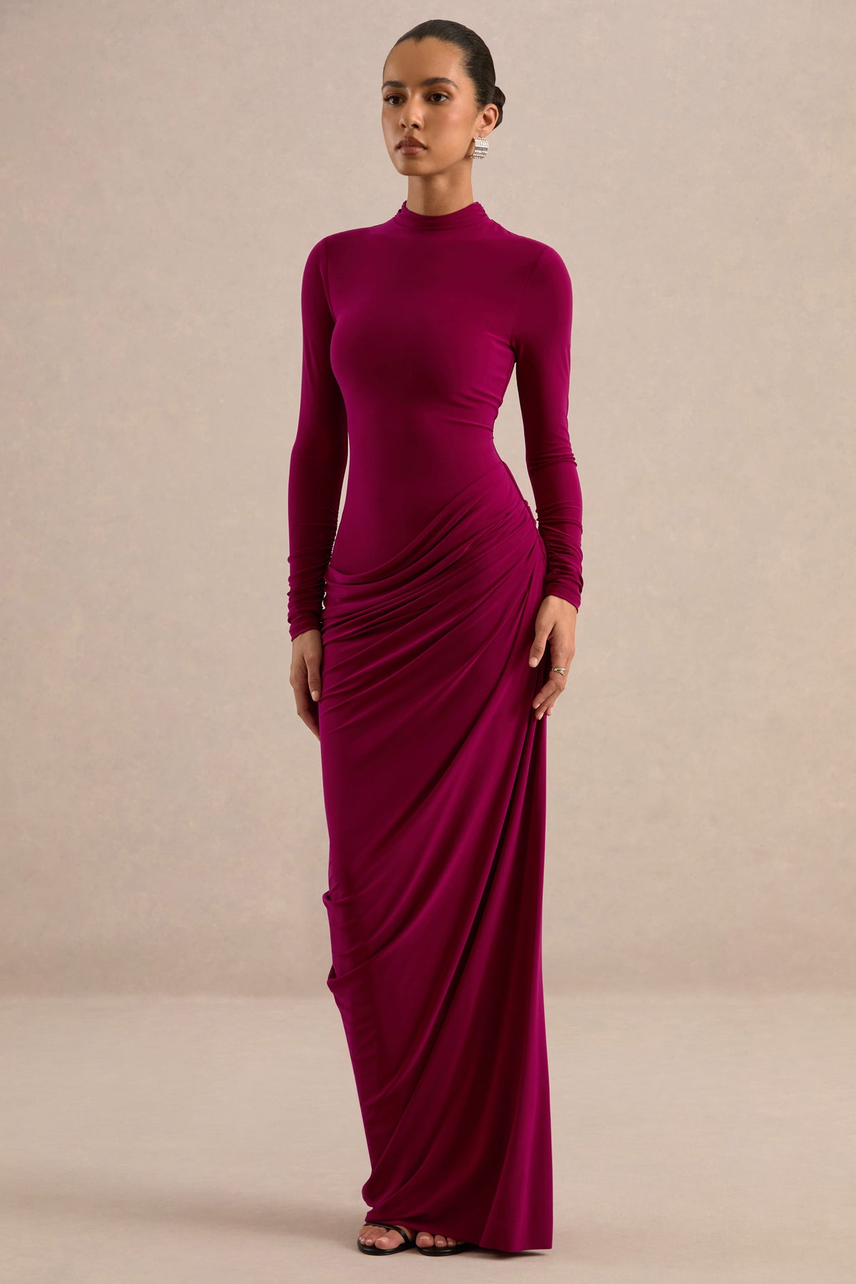 ECM_HR_CL138809102 - Zelara Burgundy High-Neck Maxi Dress With Draped Detailing0.jpg