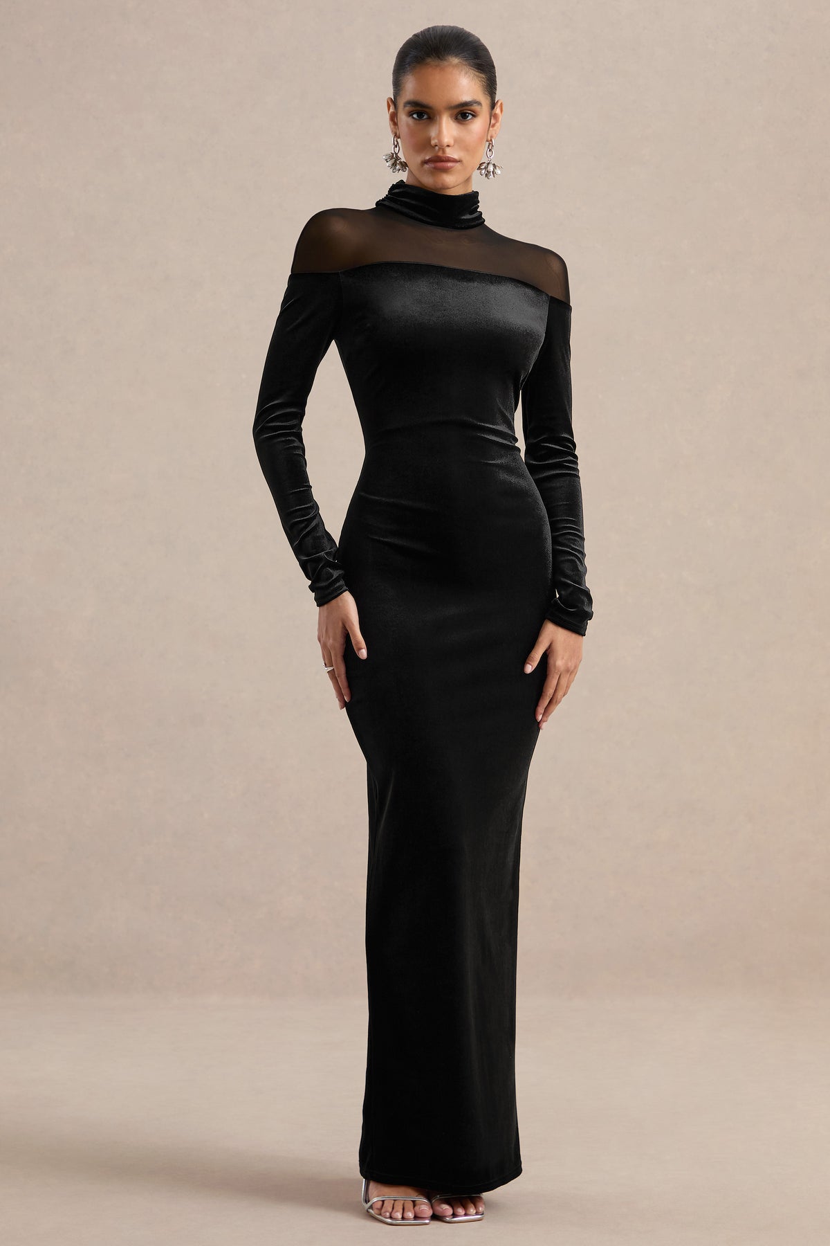 ECM_HR_CL138897001 - Rosa - Black Velvet High Neck Long Sleeve Maxi Dress With Sheer Detailing1.jpg