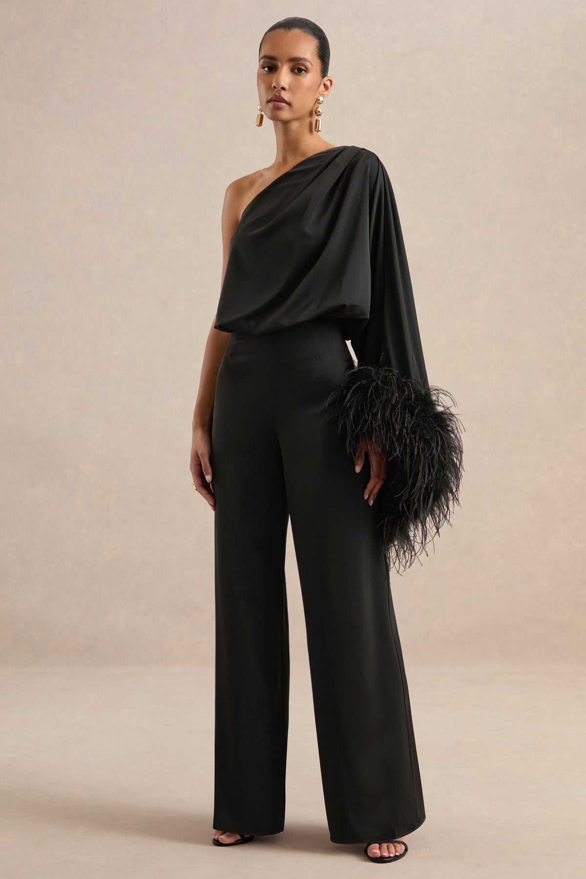 ECM_HR_CL139182001 - Jacinta _ Black Satin One Shoulder Long Sleeve Jumpsuit With Feather Detailing0.jpg