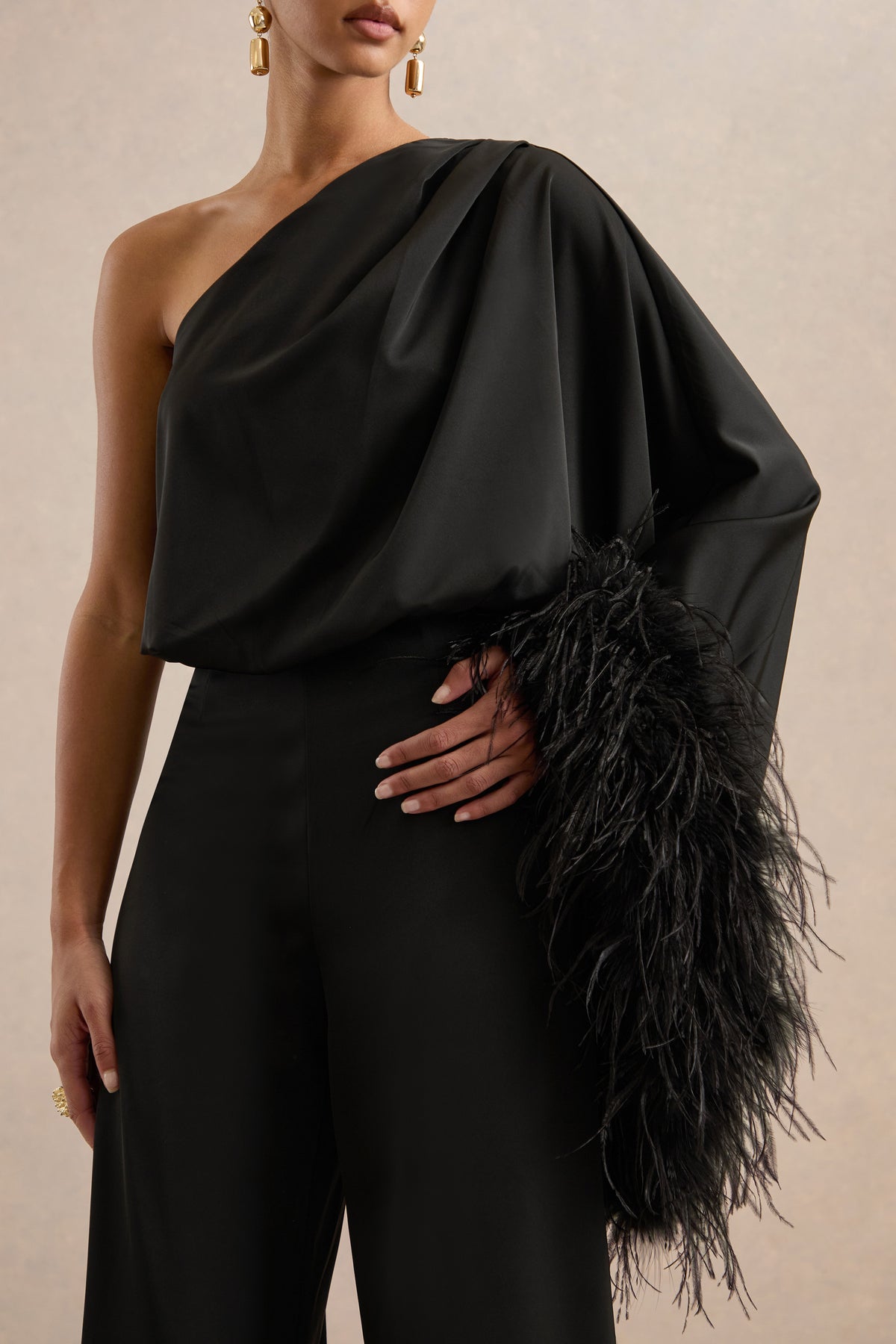 ECM_HR_CL139182001 - Jacinta _ Black Satin One Shoulder Long Sleeve Jumpsuit With Feather Detailing3.jpg