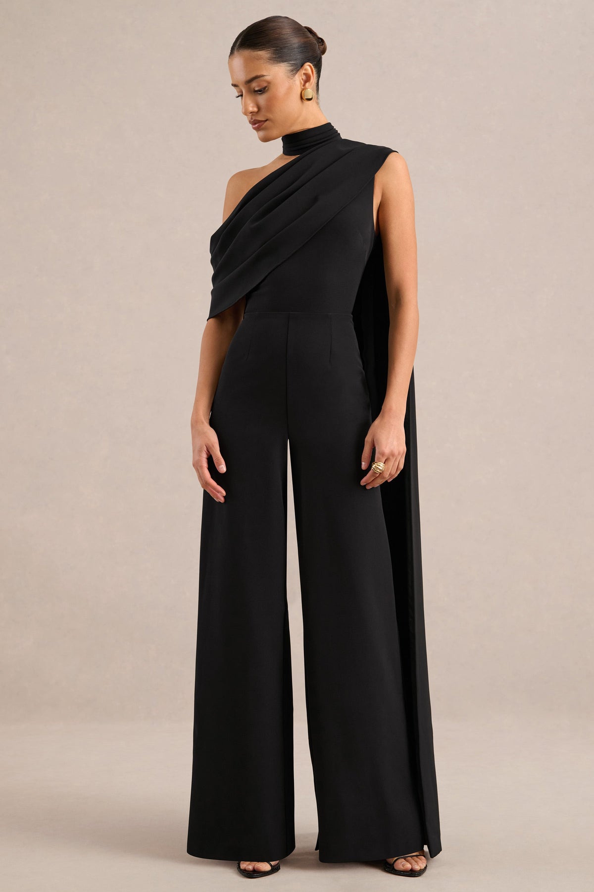 CL13919000106_ECM_HR_CL139190001_-_Zavlyn___Black_High_Neck_Short_Sleeve_Jumpsuit_With_Off_The_Shoulder_Detailing_and_Cape0