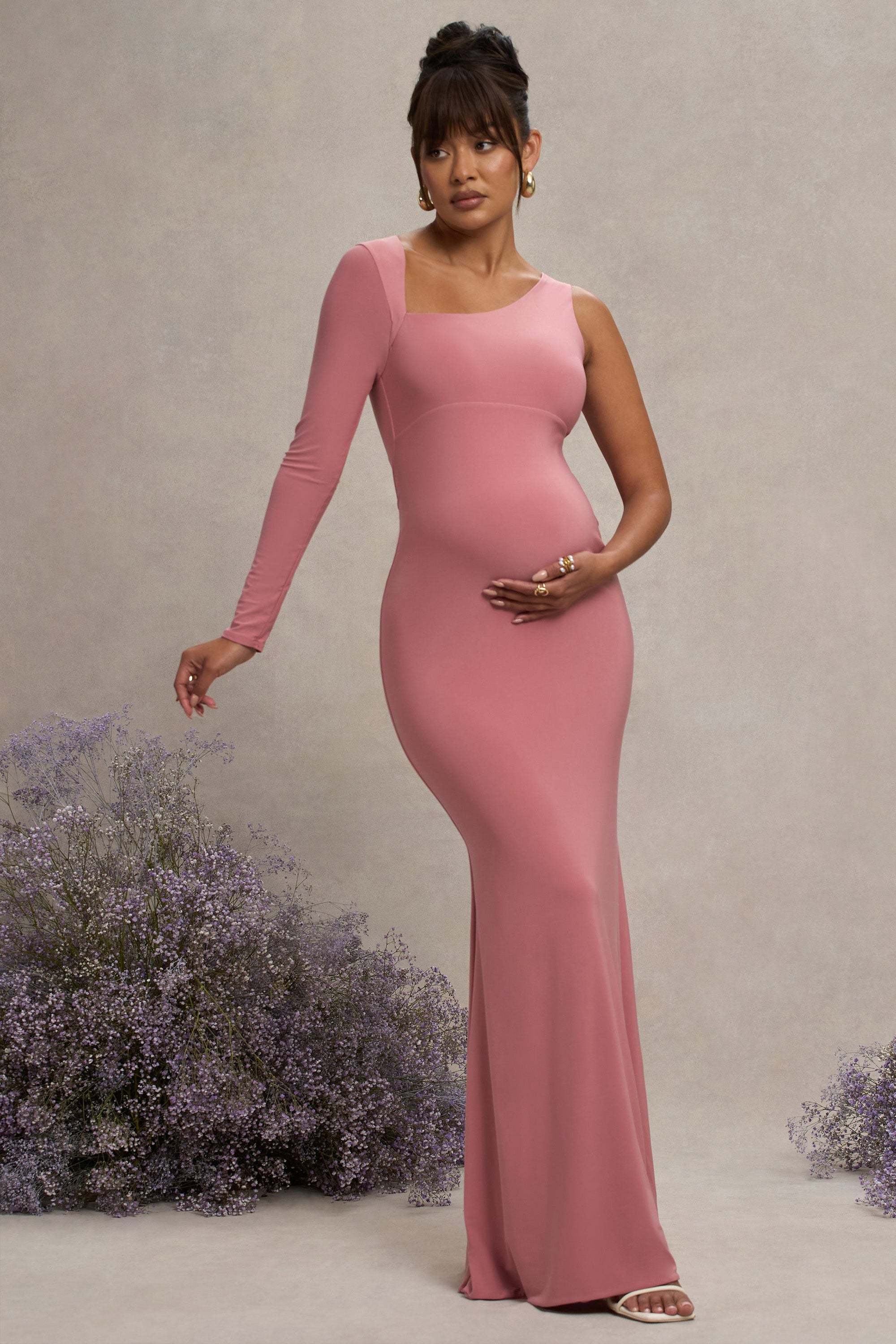 Oh Baby | Vestido Bodycon largo de premamá Asimétrico en Color rosa empolvado