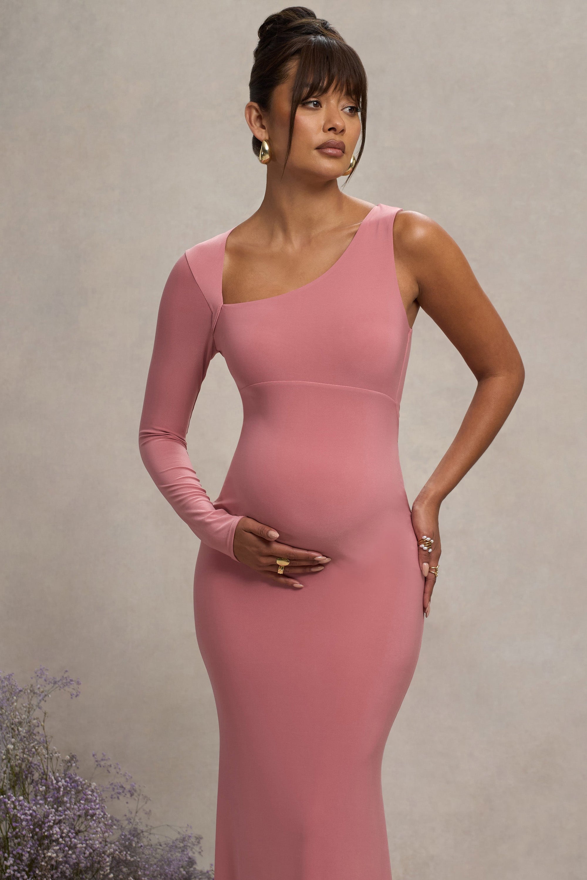 Oh Baby | Vestido Bodycon largo de premamá Asimétrico en Color rosa empolvado