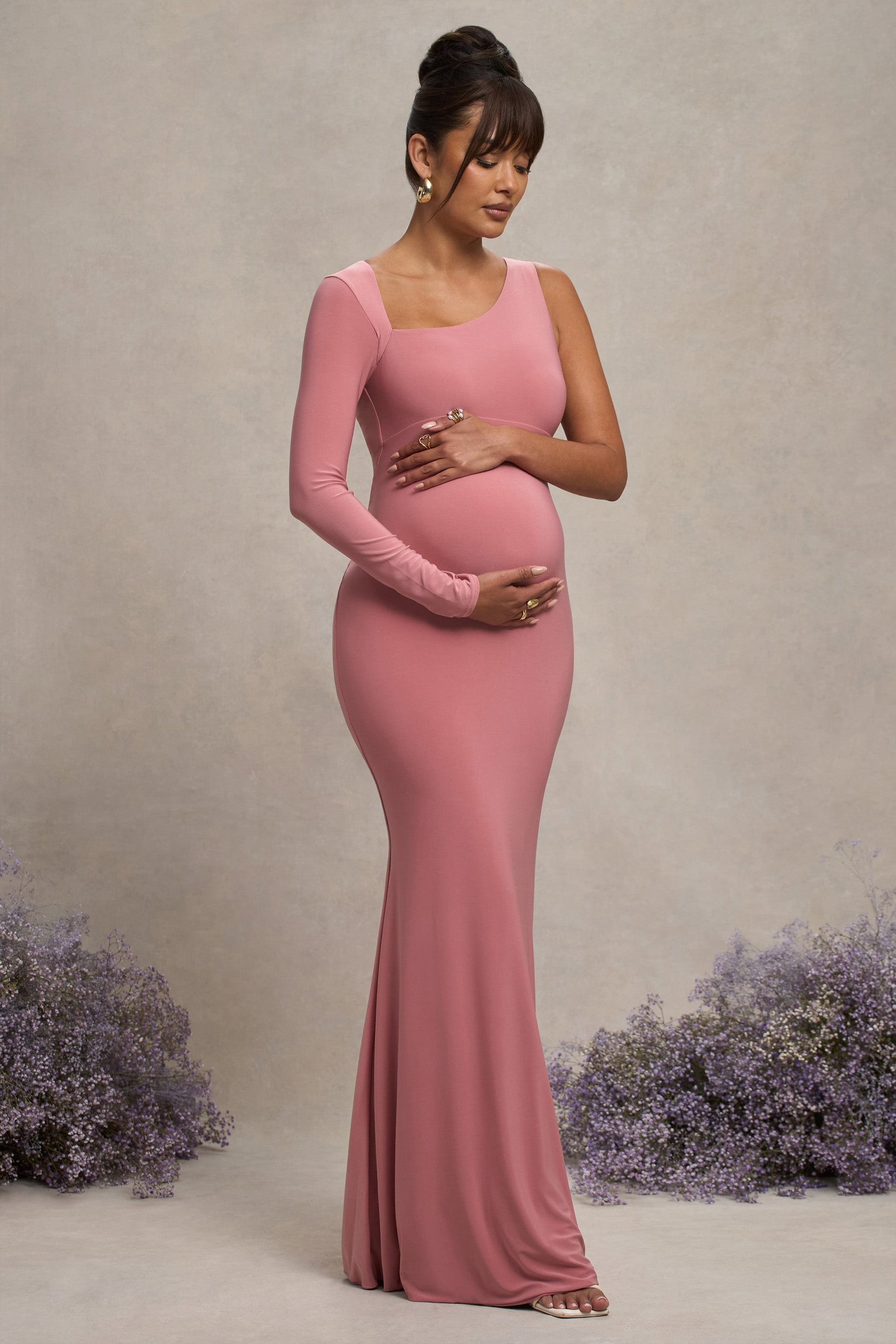 Oh Baby | Vestido Bodycon largo de premamá Asimétrico en Color rosa empolvado