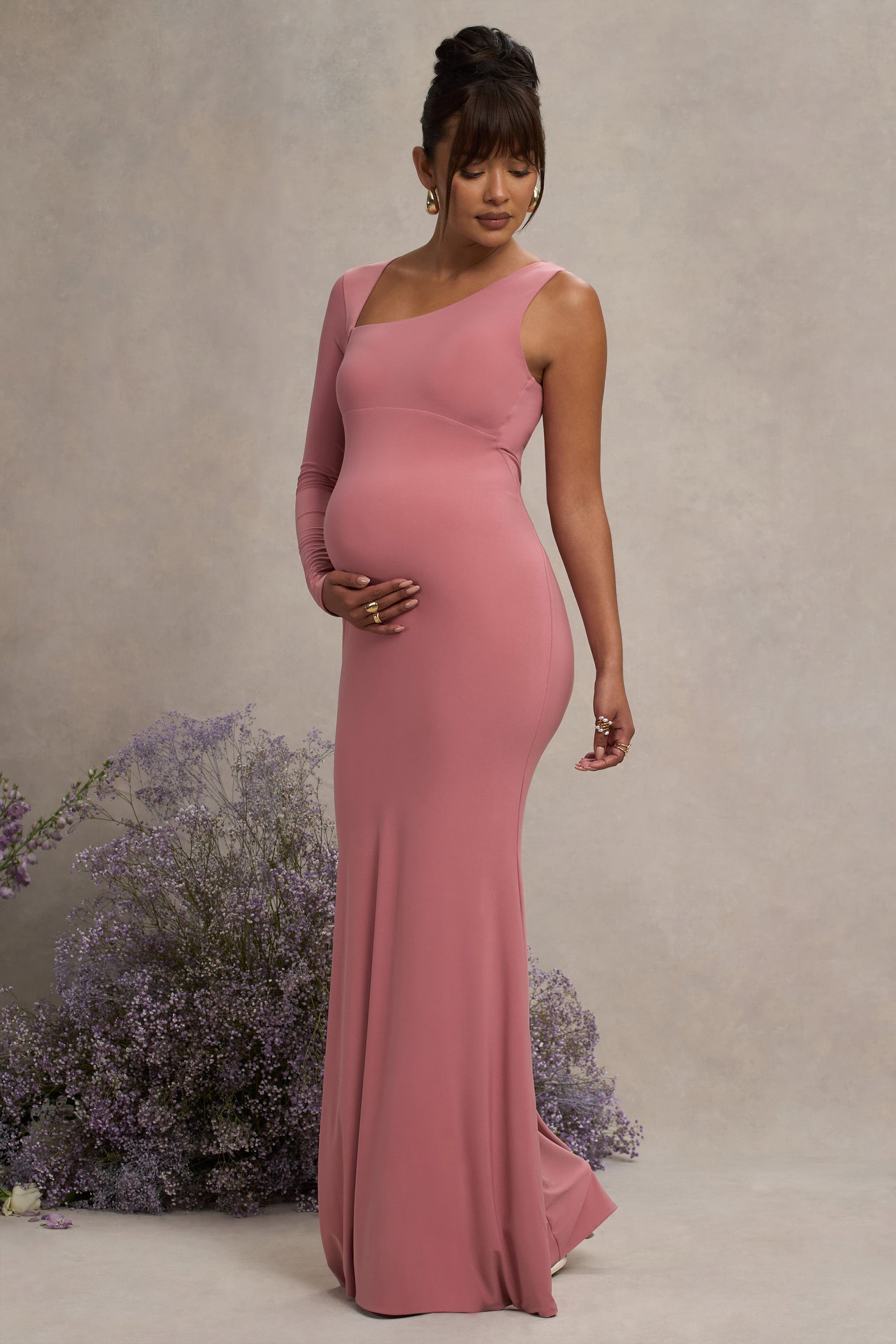 Oh Baby | Vestido Bodycon largo de premamá Asimétrico en Color rosa empolvado