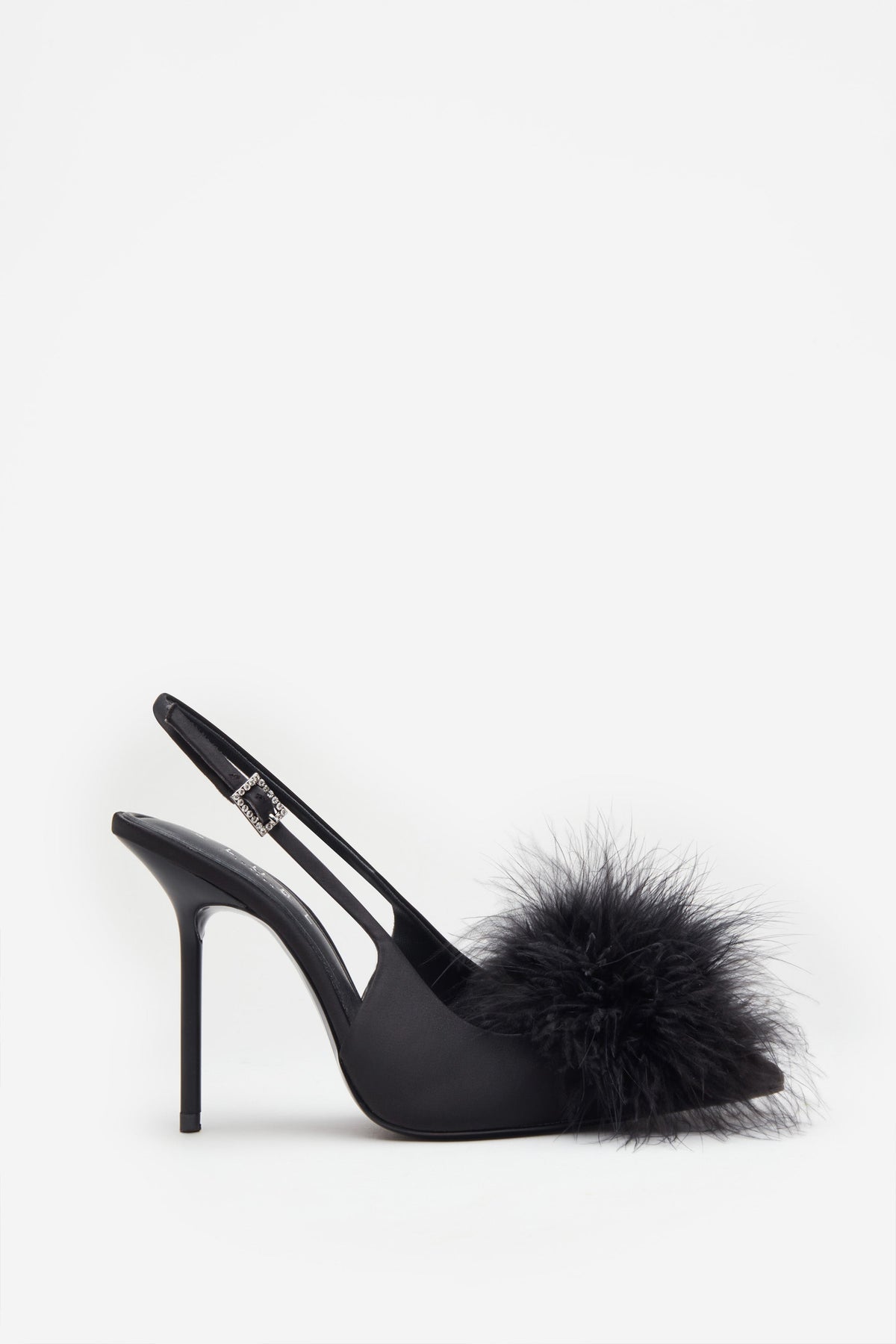 High Pitched | Tacones de Satén Negro con pompón de plumas