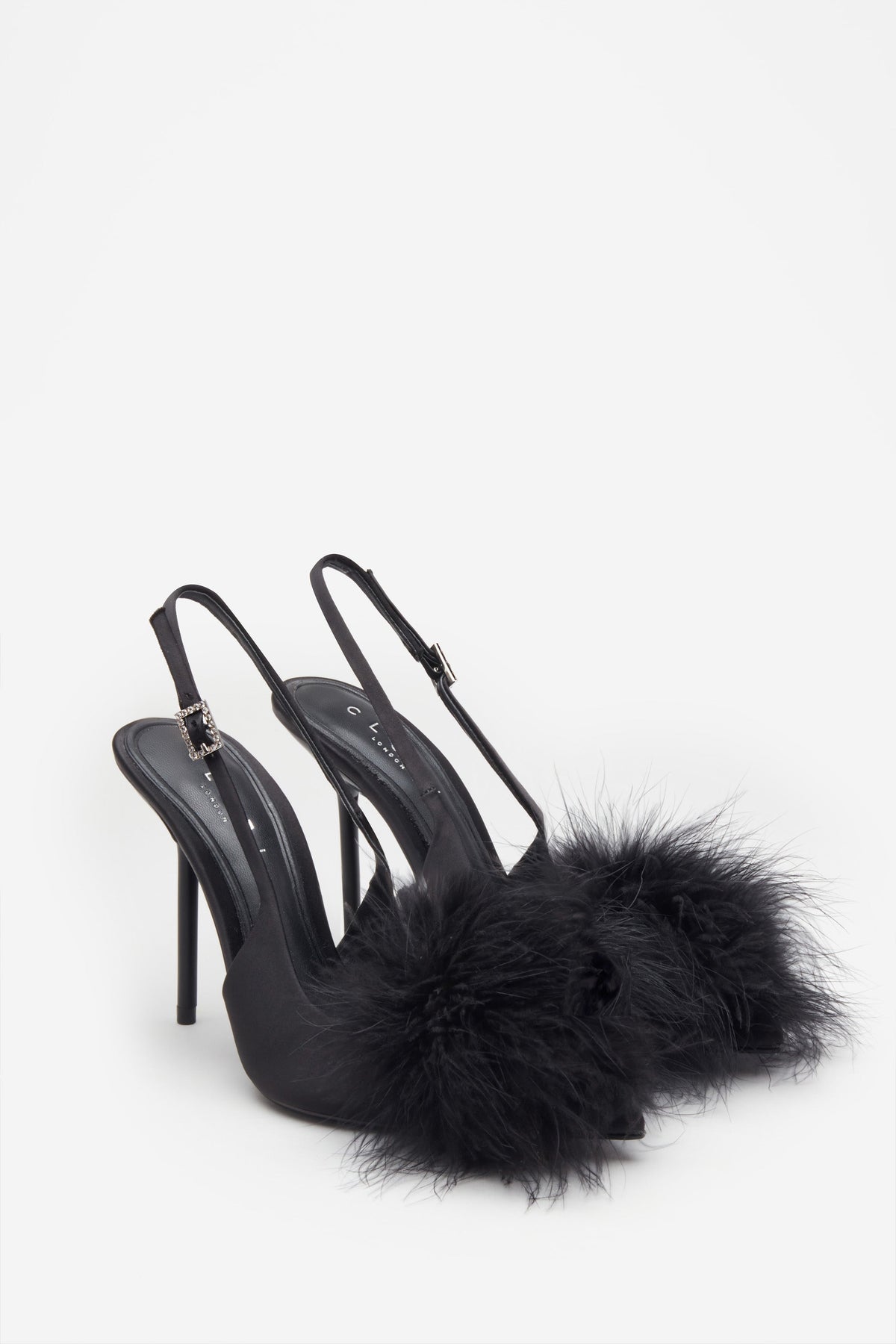 High Pitched | Tacones de Satén Negro con pompón de plumas