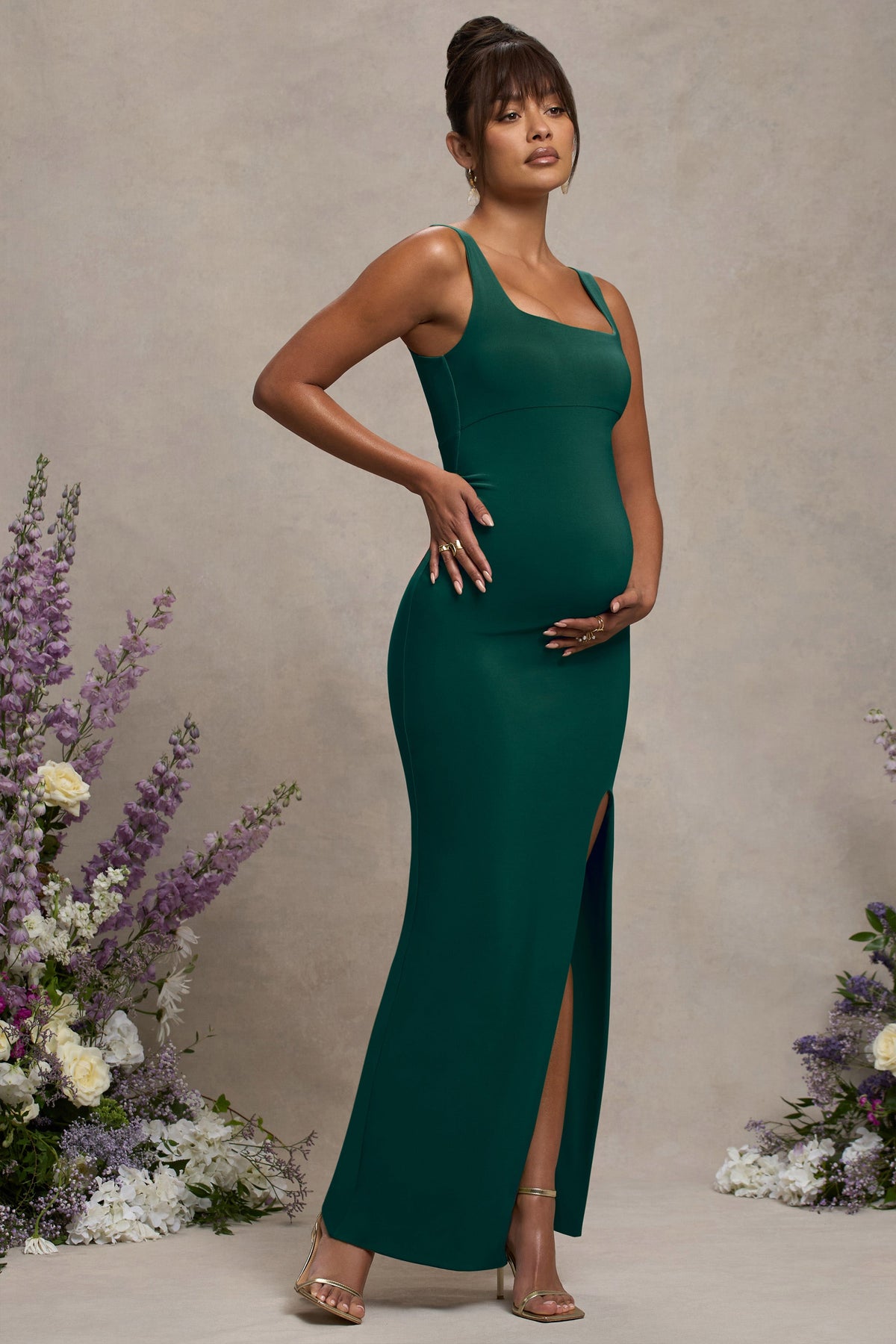 Avril | Vestido Maxi de Maternidad Verde Botella con Escote Cuadrado y Abertura