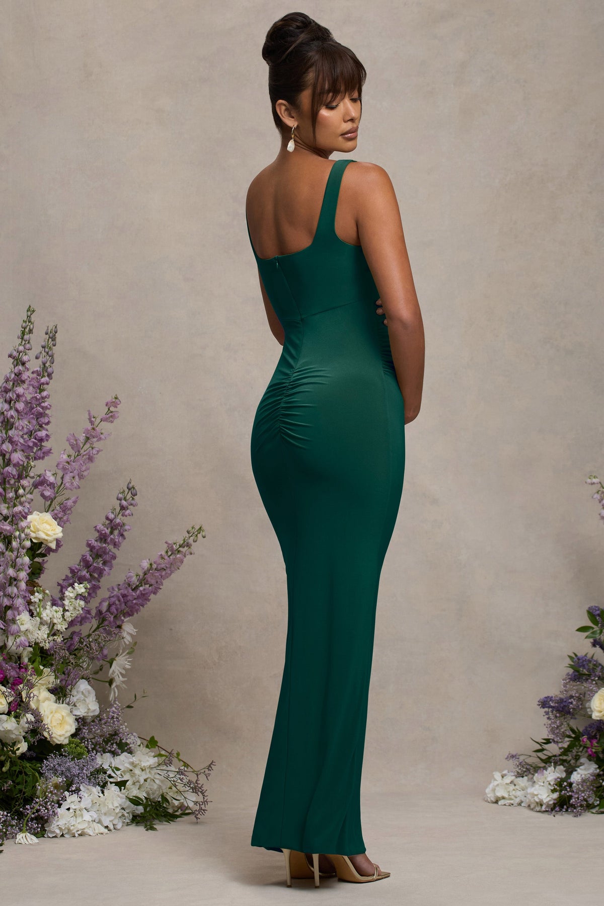 Avril | Vestido Maxi de Maternidad Verde Botella con Escote Cuadrado y Abertura