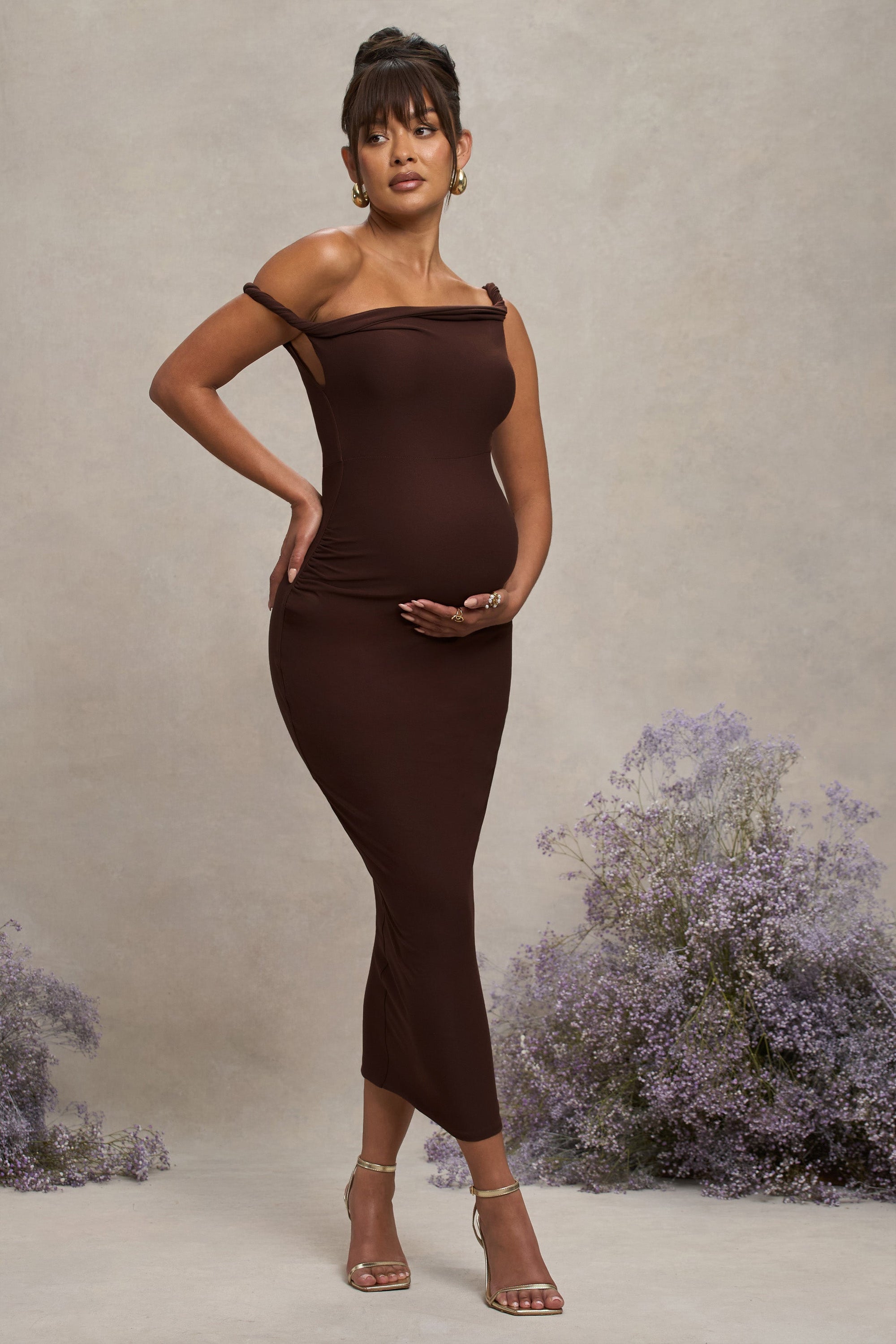 Salome | Vestido midi de premamá asimétrico color marrón chocolate