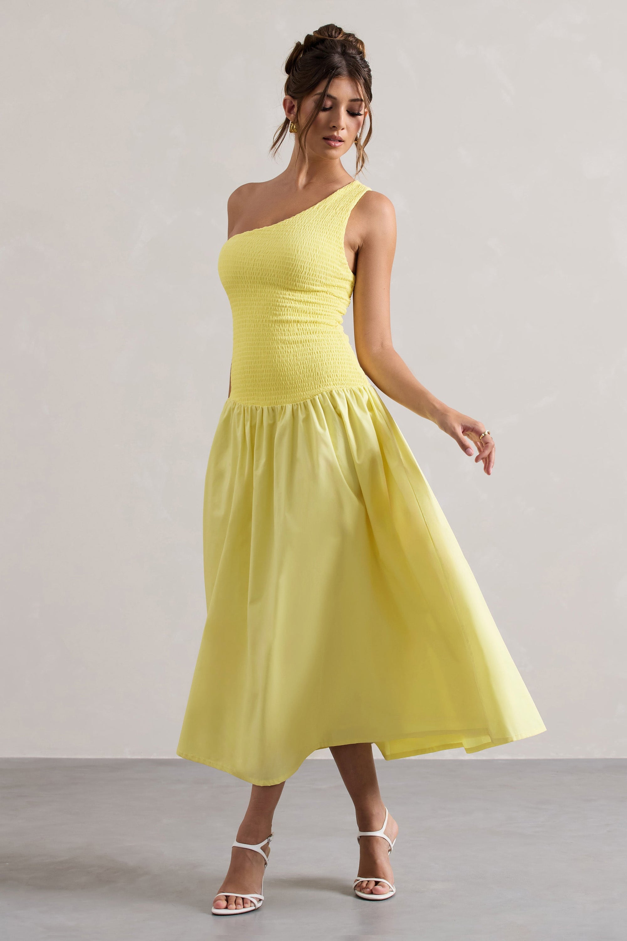 Sorbet | Vestido Largo de Popelina Limón con Pliegues y un Hombro Descubierto
