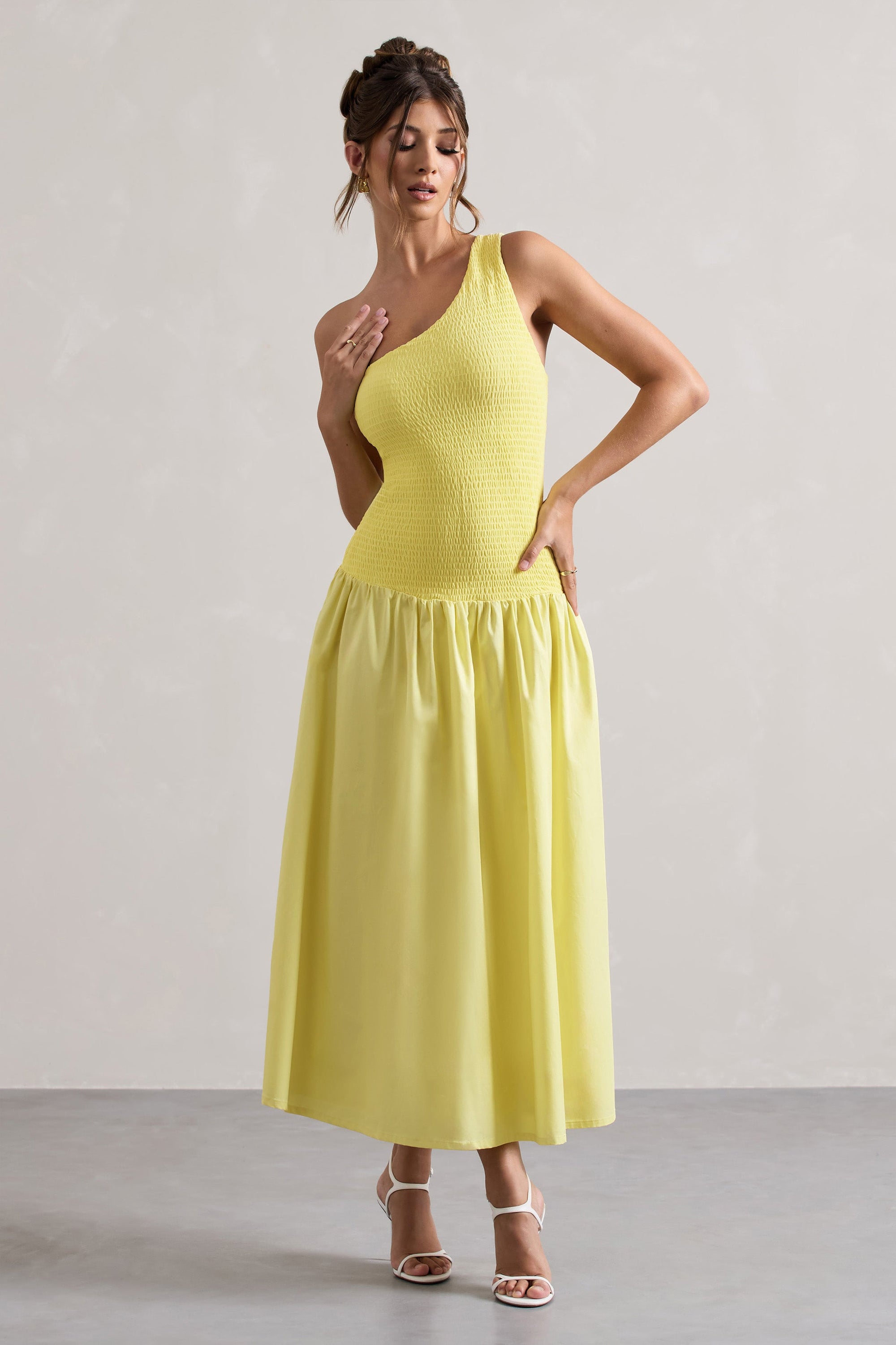 Sorbet | Vestido Largo de Popelina Limón con Pliegues y un Hombro Descubierto