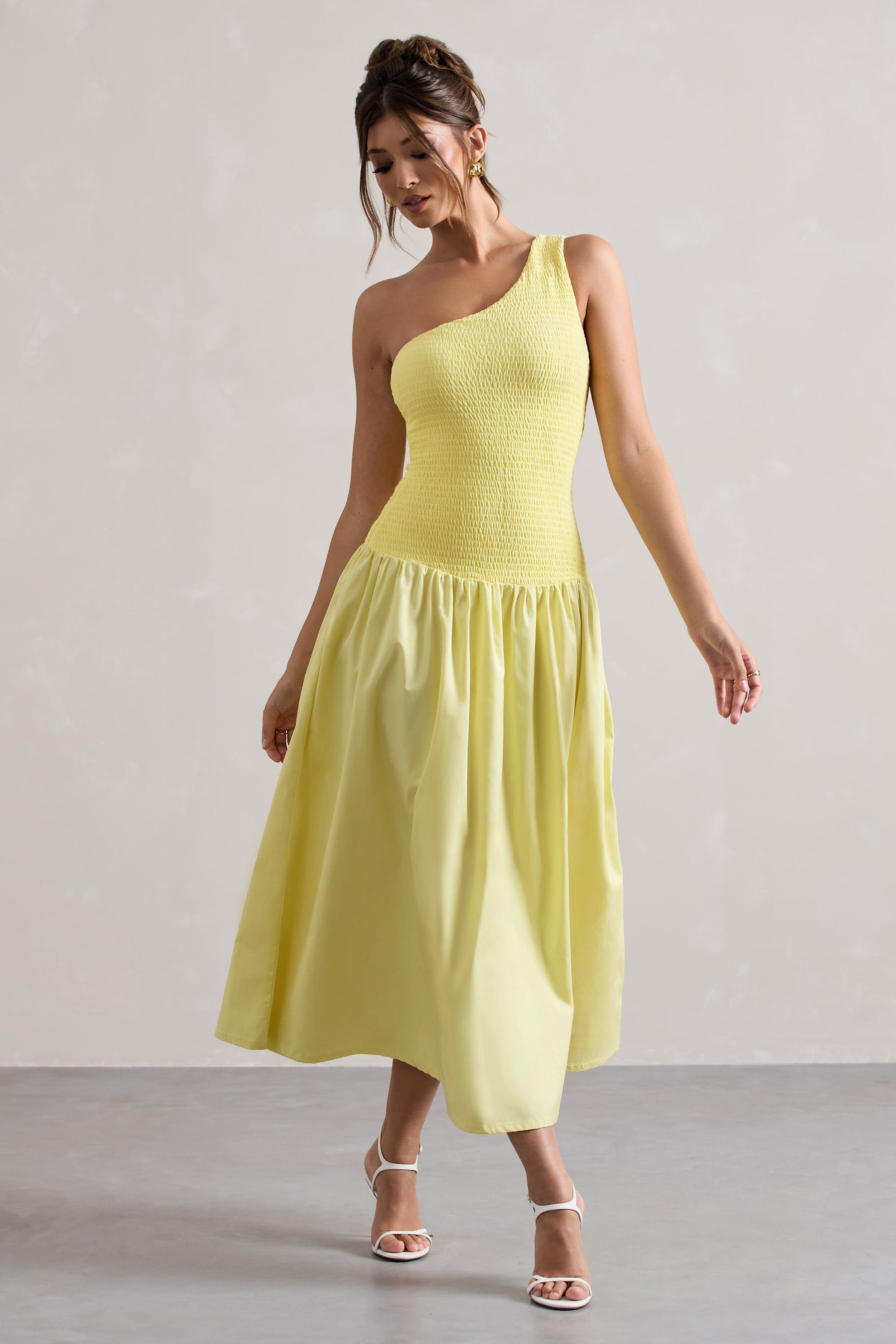 Sorbet | Vestido Largo de Popelina Limón con Pliegues y un Hombro Descubierto