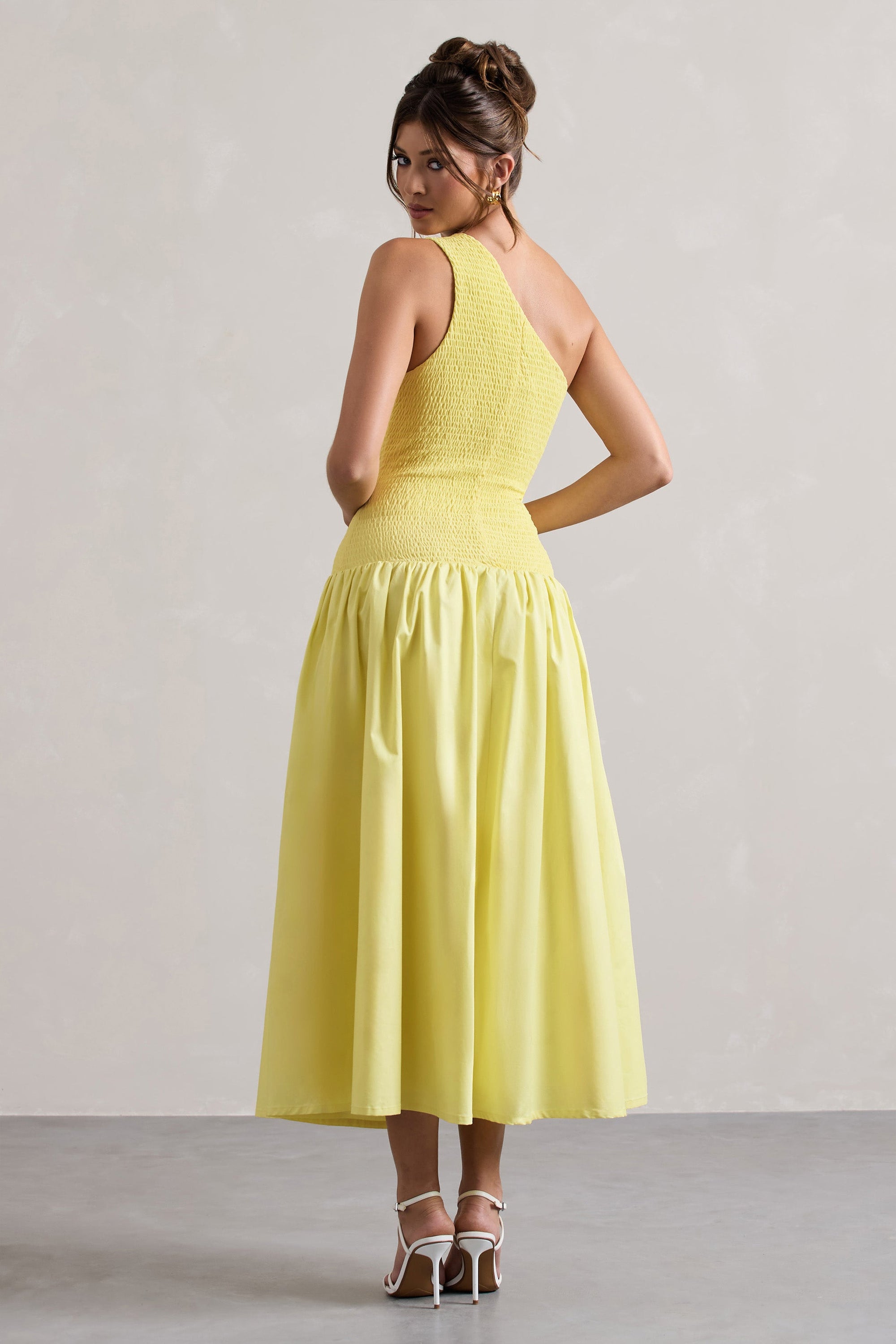 Sorbet | Vestido Largo de Popelina Limón con Pliegues y un Hombro Descubierto