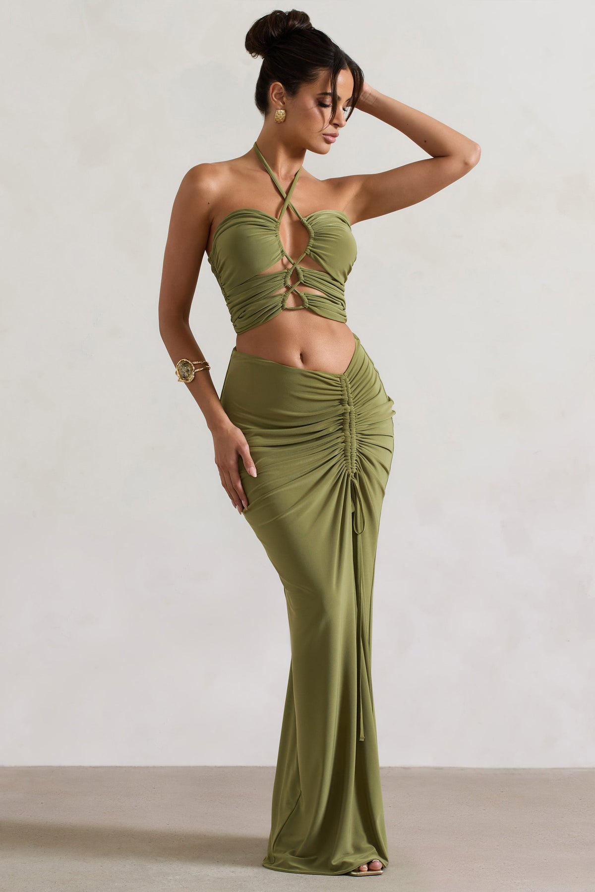 Cabo | Falda Maxi con Fruncido y Abertura en Oliva