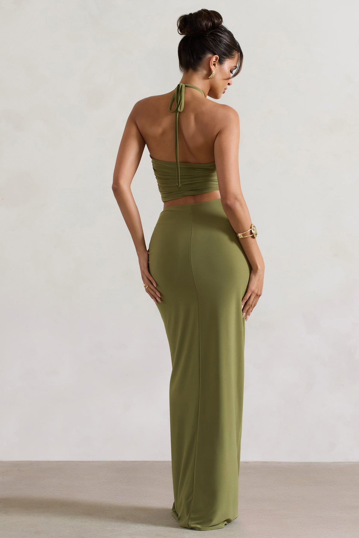 Cabo | Falda Maxi con Fruncido y Abertura en Oliva