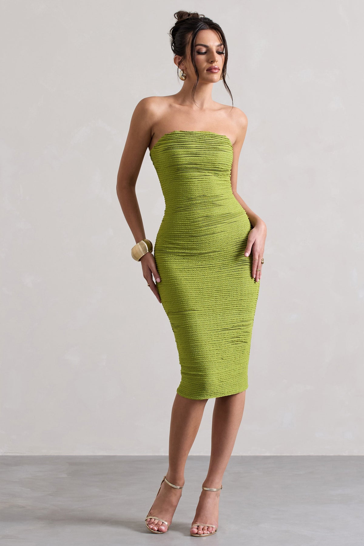 Palau | Vestido Midi de Ganchillo Verde Oliva sin Tirantes