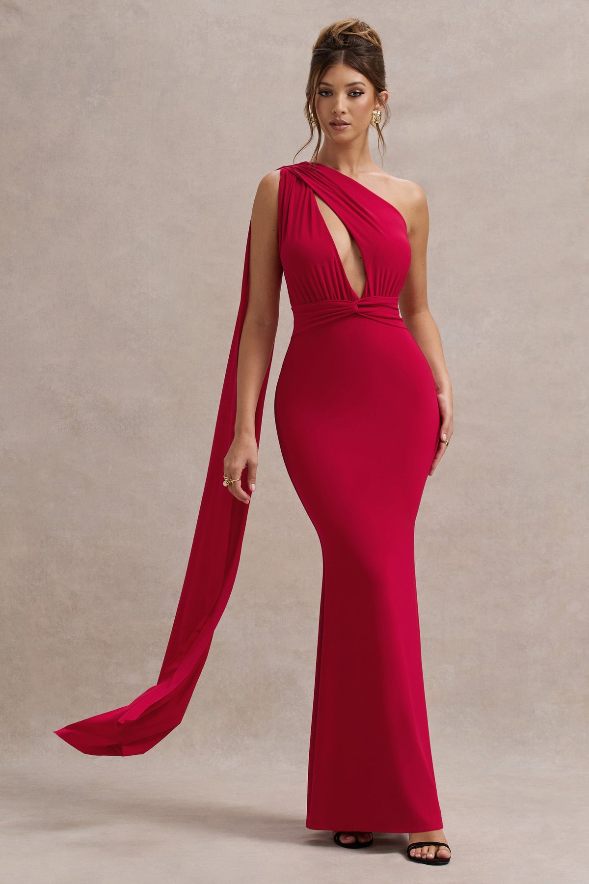 Ealina | Vestido largo rojo asimétrico con nudo y cinturón